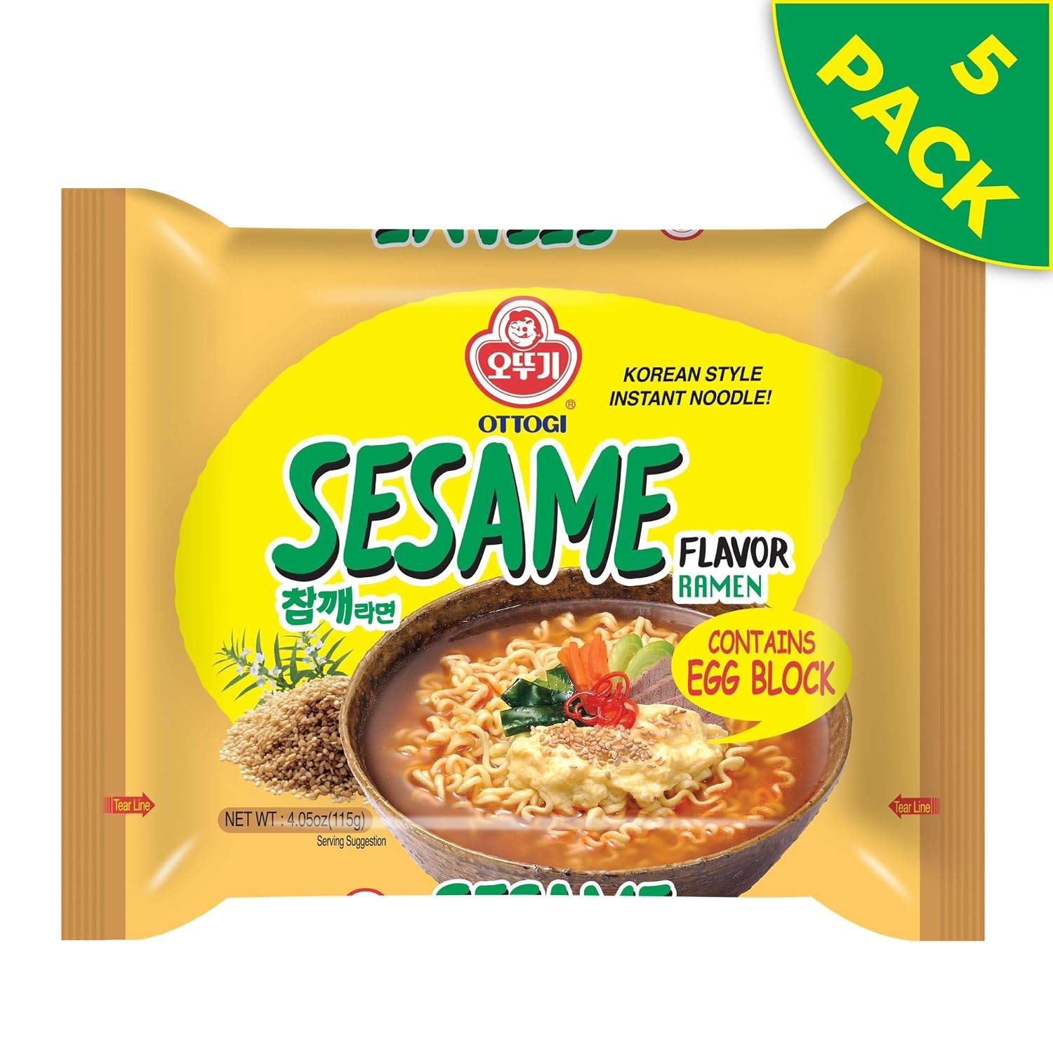 OTTOGI Spicy Sesame Flavor Ramen – Korean Instant Noodle with Egg Block, Spicy Sesame Broth, 4.05 oz (Pack of 5)
