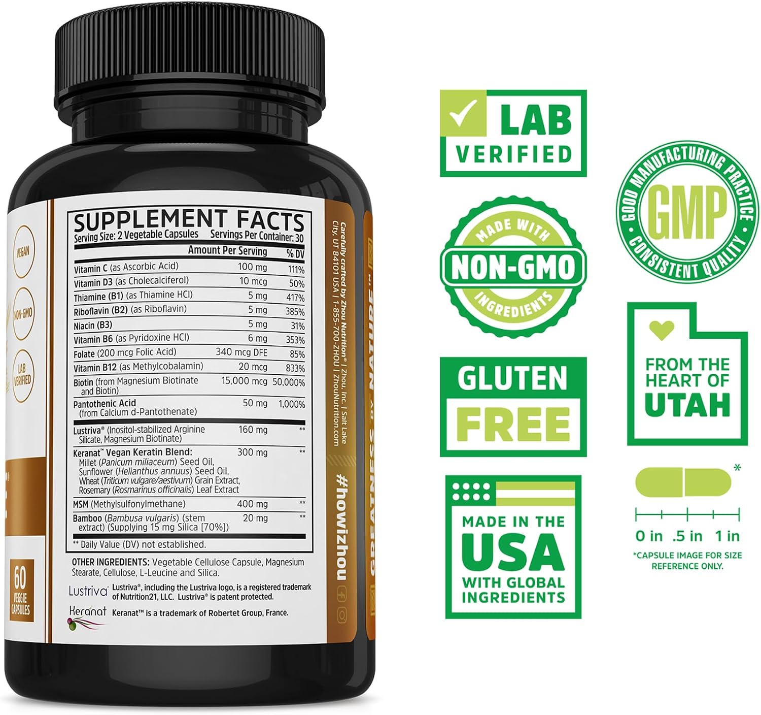 Zhou Hairfluence Supplement - 60 Veggie Capsules (Pack of 1) | Vegan Biotin Supplement for Hair Growth for Men & Women, Supports Stronger & Healthier Hair & Nails