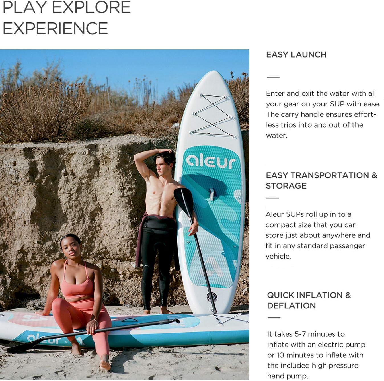 aleur Explorer Inflatable Stand Up Paddle Board Package W Premium SUP Accessories & Backpack, Non-Slip Deck, Leash, Paddle and Hand Pump | Elegant