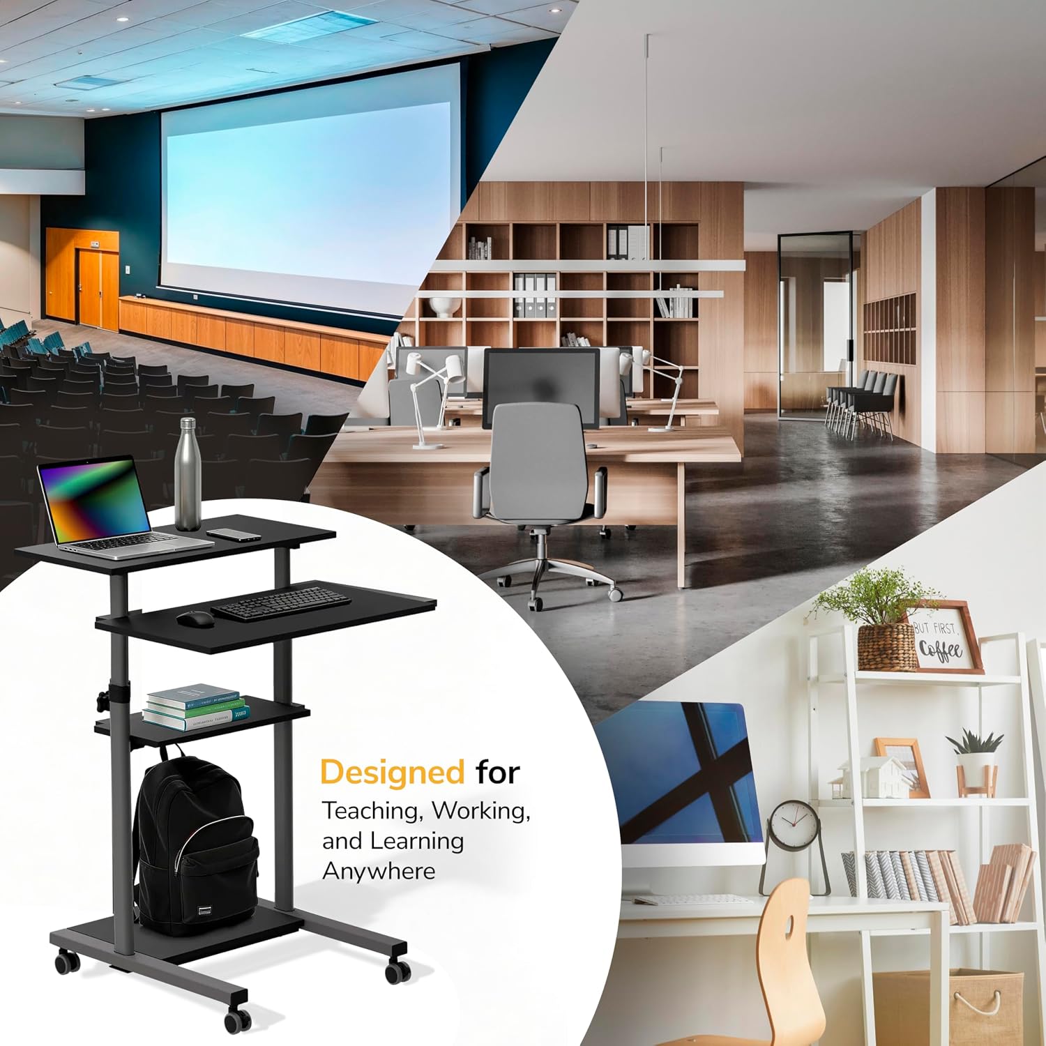 Mount-It! Black Rolling Standing Desk, Adjustable Height up to 54.7", Portable Laptop Podium Desk on Wheels, Mobile Computer Workstation with 4 Shelves 27.5" Wide, Cart for Home Office or Classroom