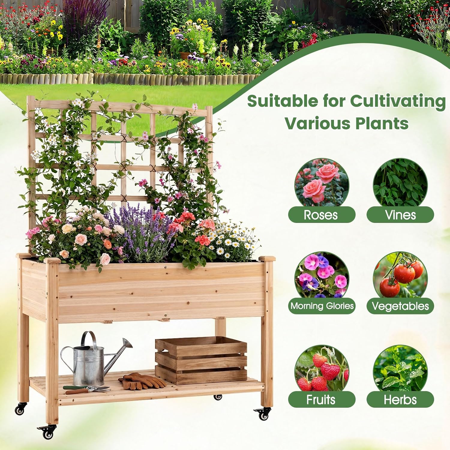 GIANTEX Raised Garden Bed on Wheels, Wood Planter Box with Legs, Liner, Drain Holes, Elevated Garden Bed for Vegetables
