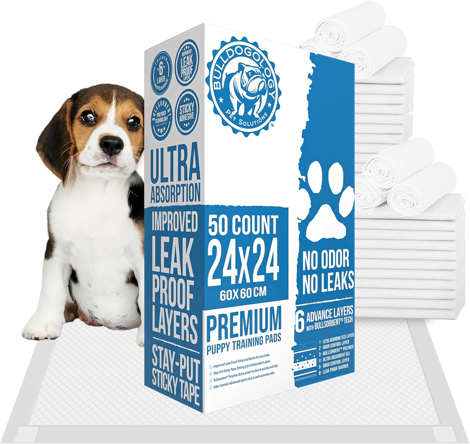 Bulldogology Puppy Training Pads - Pee Pads with Adhesive Sticky Tape (24x24) Large Dog Training Wee Pads with 6 Layer Extra Quick Dry Bullsorbent Polymer Tech (100-Count, White)