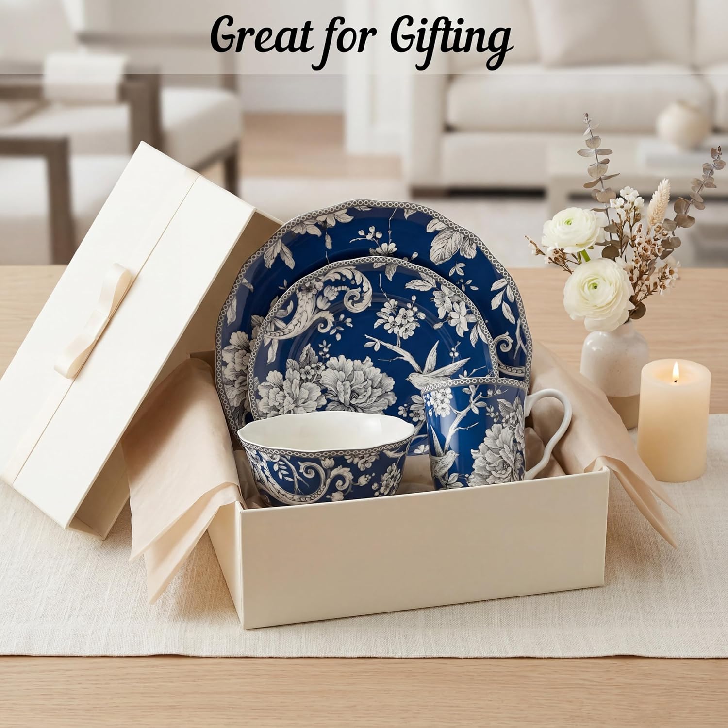 222 Fifth Adelaide 16-Piece Black Porcelain Dinnerware Set – Service for 4, Featuring Hand-Applied Romantic Woodland Bird Design