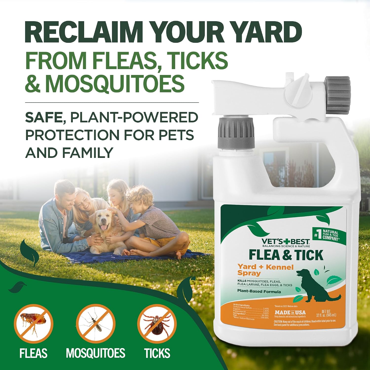 Vet's Best Flea & Tick, Mosquito, Yard & Kennel Spray for Dogs, 32 oz | Plant-Based Yard Treatment, Kills Fleas, Ticks & Mosquitoes, Ready-to-Use Hose Attachment, Safe for Plants, Made in USA