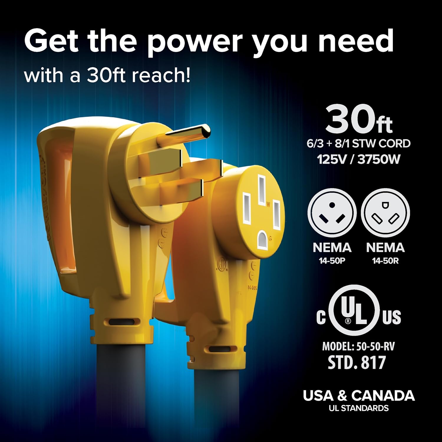 Camco Power Grip 25-Ft 50 Amp RV Extension Cord - NEMA 14-50P Male & FSS2-50R Locking Female Connectors - Rated for 125/250 V/12,500 W - Features Copper 6/3 + 8/1-Gauge Wires for Conductivity (55542)