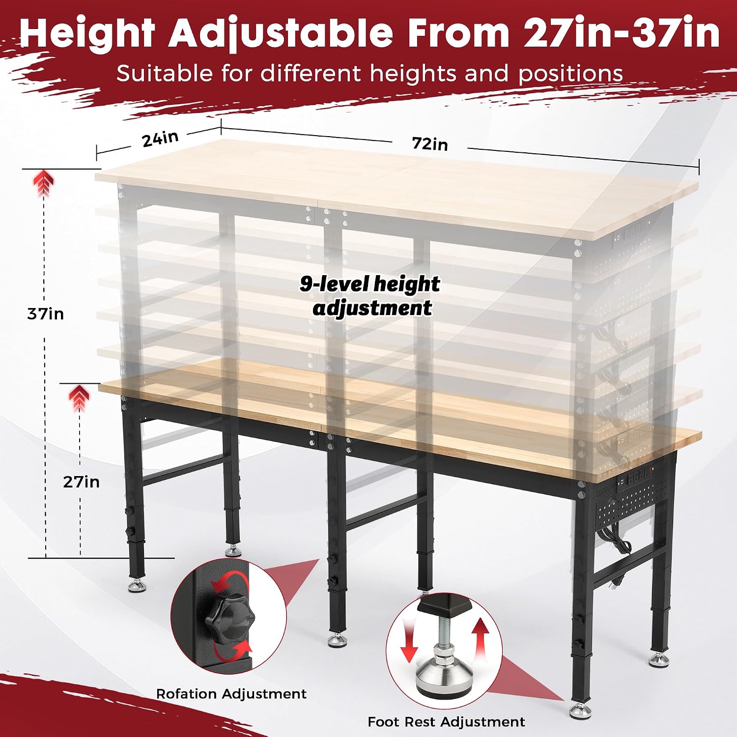 48" Adjustable Rubberwood Workbench with Foldable Extension Board & Power Outlet, Extra Large 48x32In 9-Level Height 27"-37", 2000 LBS Heavy Duty for Workshop Garage Office Home