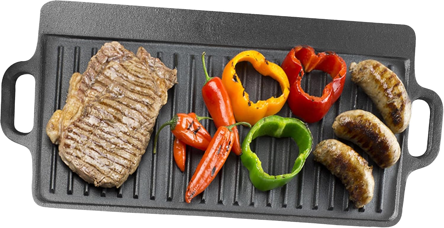 Bene Casa Reversible Cast-Iron Griddle | 20"x9"x1.5" Double Burner Pan | Flat & Ridged Surfaces for Versatile Cooking | Ideal for Stovetop, Oven