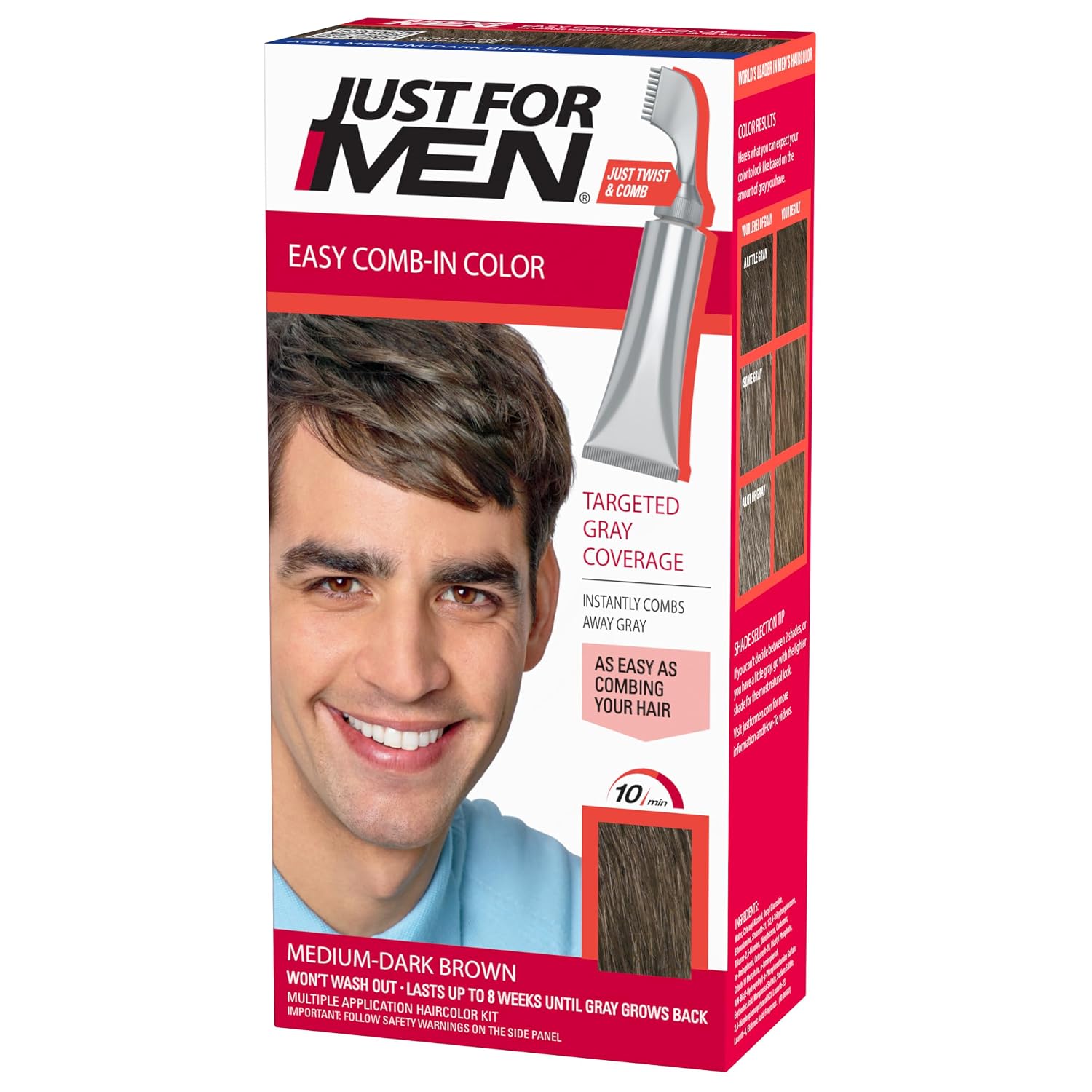 JUST FOR MEN Easy Comb-In Color, No-Mix, Light-Medium Brown A-30 (1 Pack) | Easy Comb-In Color light-medium brown no-mix formula instantly combs away gray. Targeted gray coverage. Easy application.