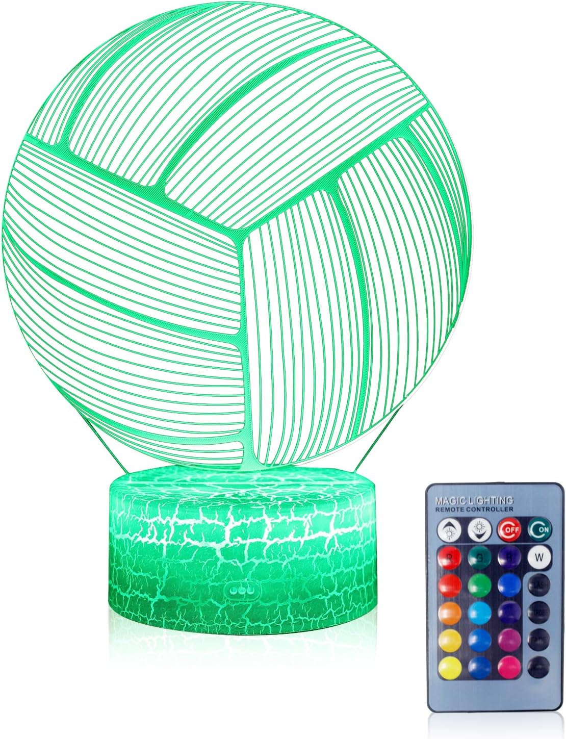 Volleyball 3D Illusion Night Light,16 Colors Changing Touch Switch & Remote Control,Acrylic Flat & ABS White Crack Base &USB Cable Table Lamp