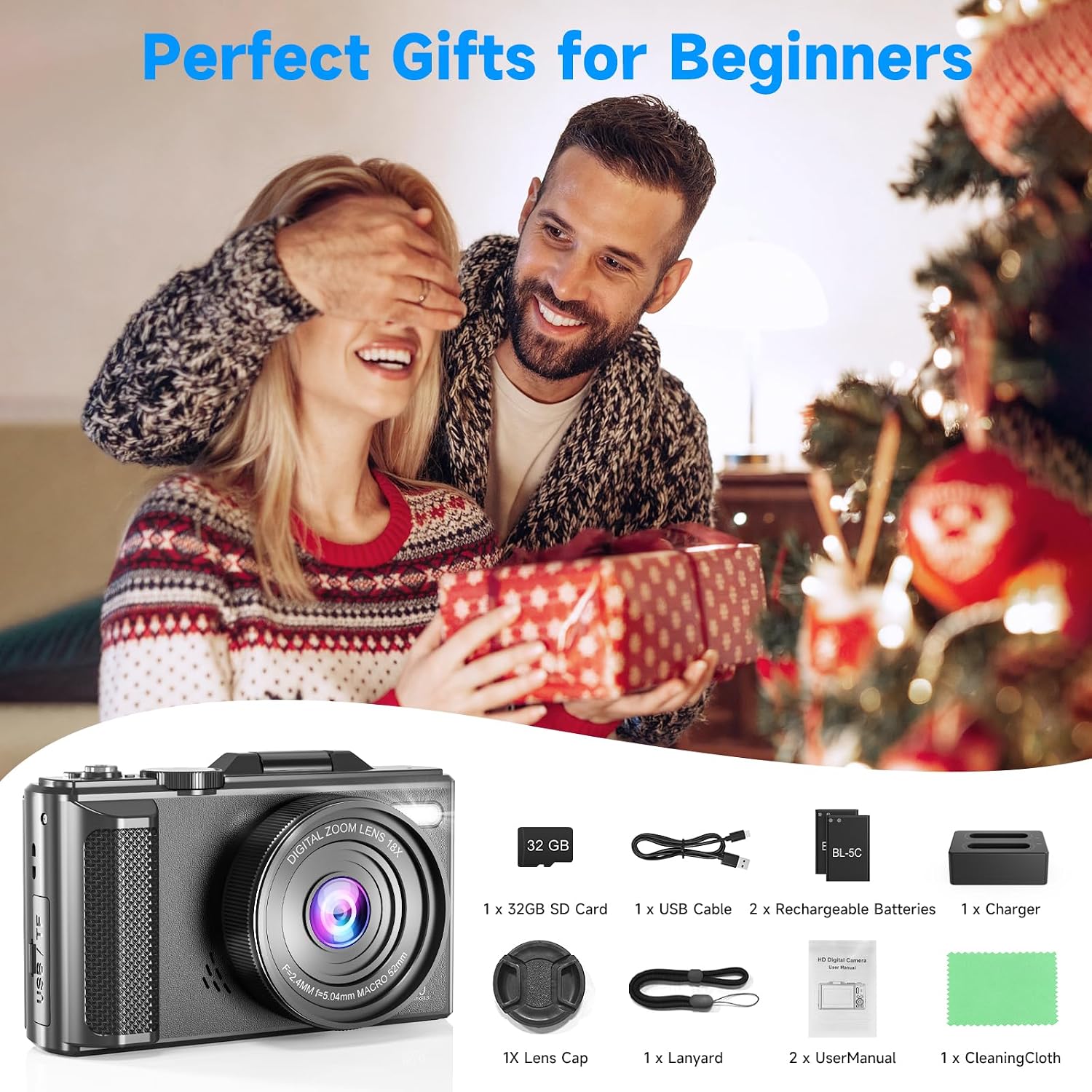 5K Vlogging Digital Camera for Beginners, 80MP Travel Camera for Photography with 32GB Card, 18X Zoom Portable Compact Camera with 180° Flip Screen
