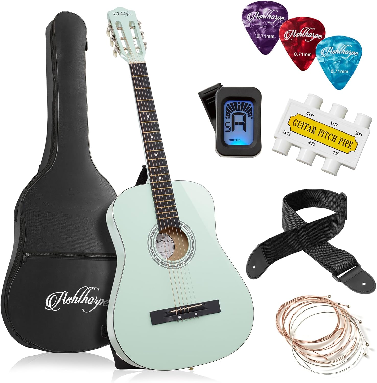 Ashthorpe 38-inch Beginner Acoustic Guitar (Red), Starter Kit with Gig Bag, Extra Strings, Strap, Picks, and Lessons