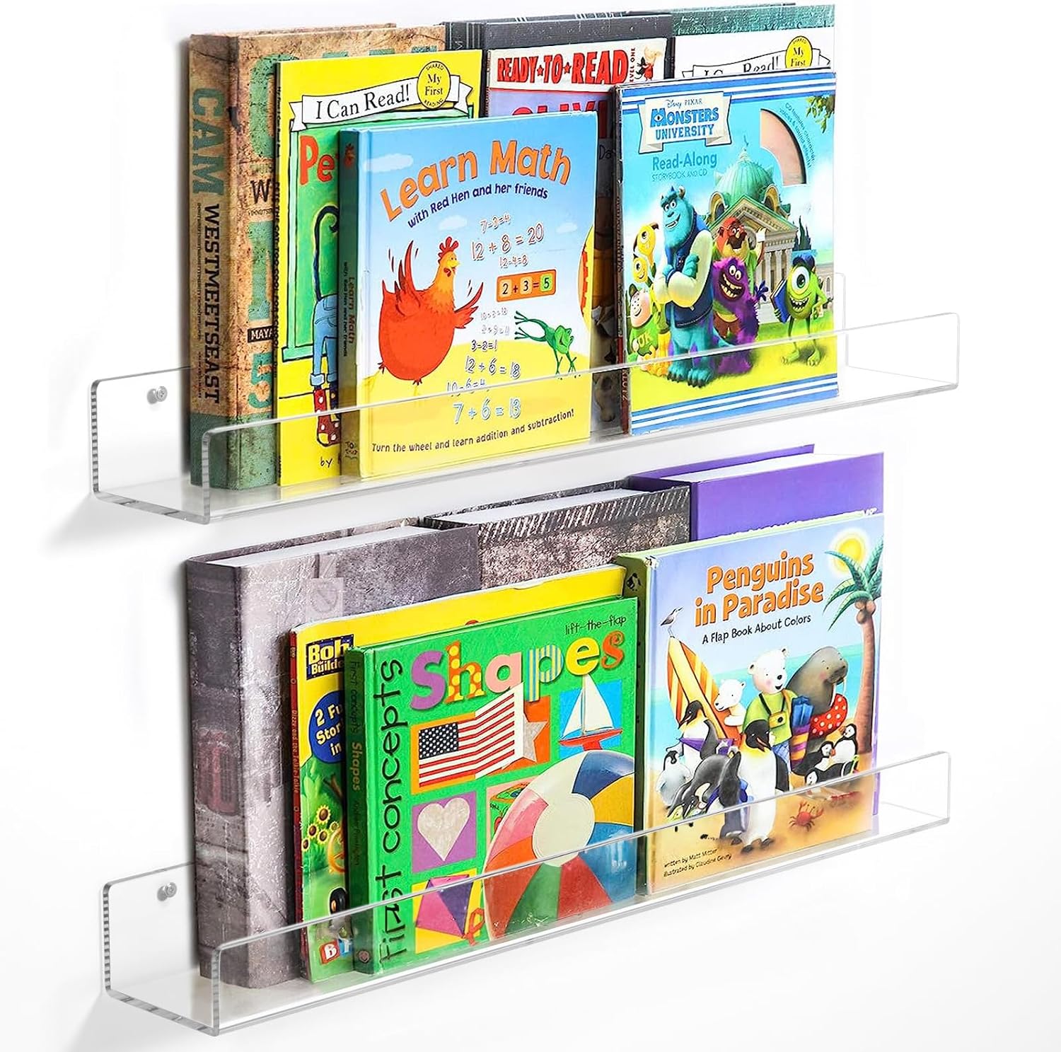NIUBEE 24”Acrylic Floating Bookshelves for Kids Wall Shelves 2 Packs | Premium Acrylic 50% Thicker with Screwdriver Clear Bathroom Extra-Large Storage Shelves Display Organizer