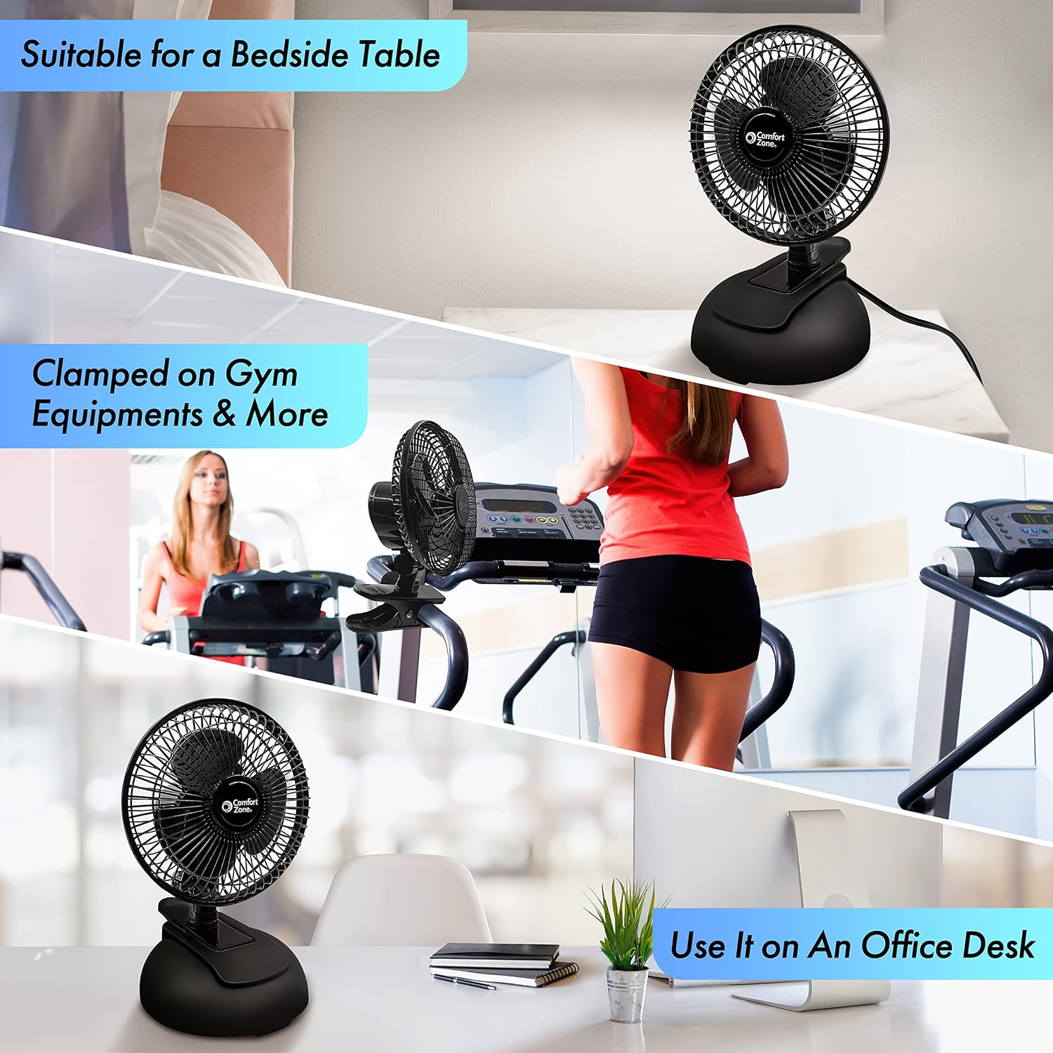 Comfort Zone CZ6XMWT 6” 2-Speed Combo Clip or Desk Fan with Removable Base, Strong Clamp for Firm Grip, Suitable for Bedroom, Office, or Dorm Room, White