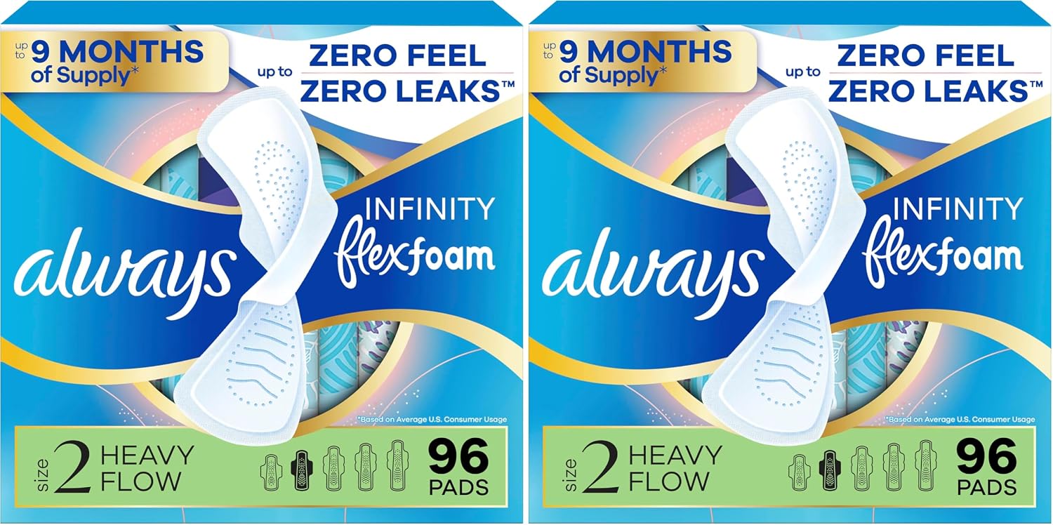 Always Infinity Feminine Pads for Women, Size 2 Heavy Flow Absorbency,with Flexfoam, with Wings, Unscented, 32 Count