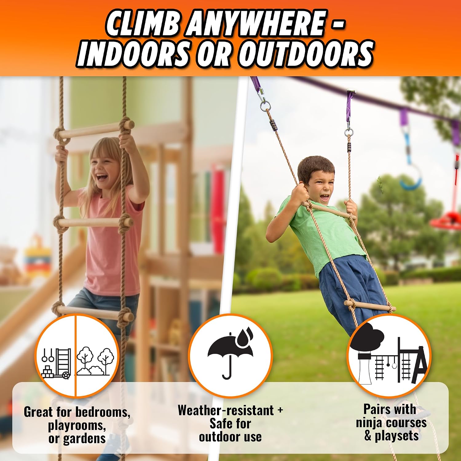 Wooden Rope Ladder for Kids - 6ft Tree Climbing Ladder with Carabiners