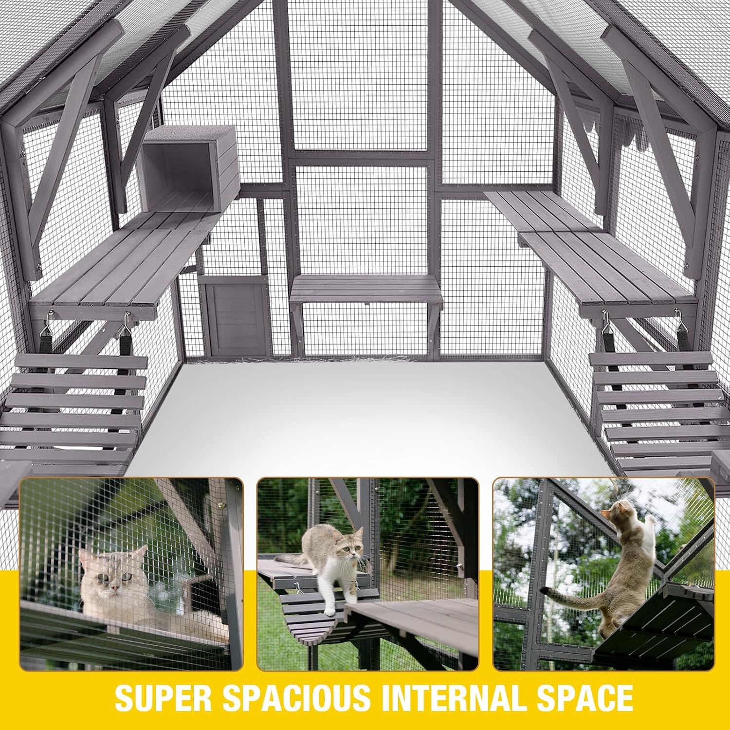 Aivituvin Cat House Outdoor Cat Catio Wooden Large Enclosure with Run on Wheels 70.9" Upgraded Version Catio with Reinforcement Strip