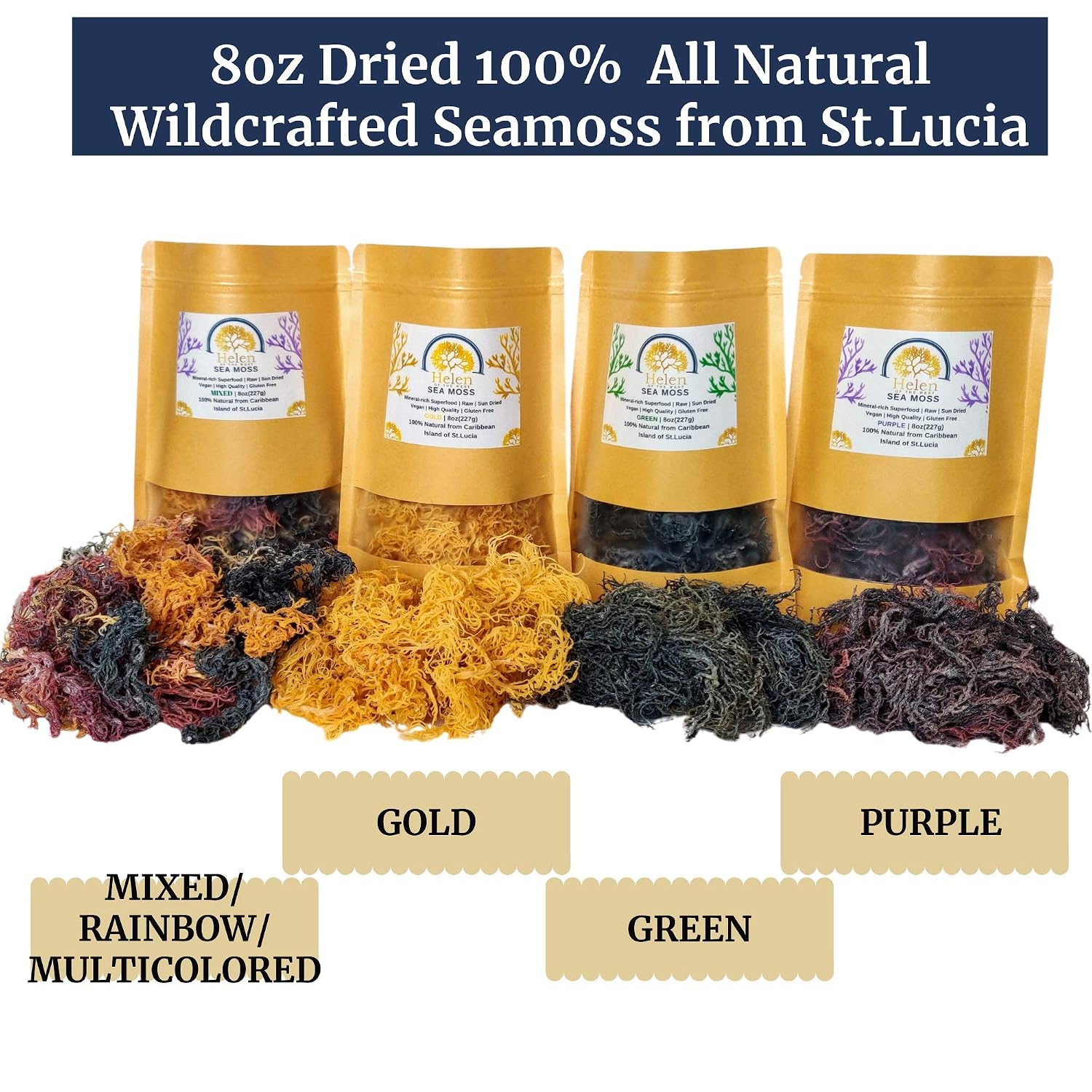 Wildcrafted Sea Moss | Gold - Purple - Green - Mixed | 100% Natural Irish Moss from St.Lucia | Mineral-Rich Superfood | 8oz Sun-Dried Moss | NO