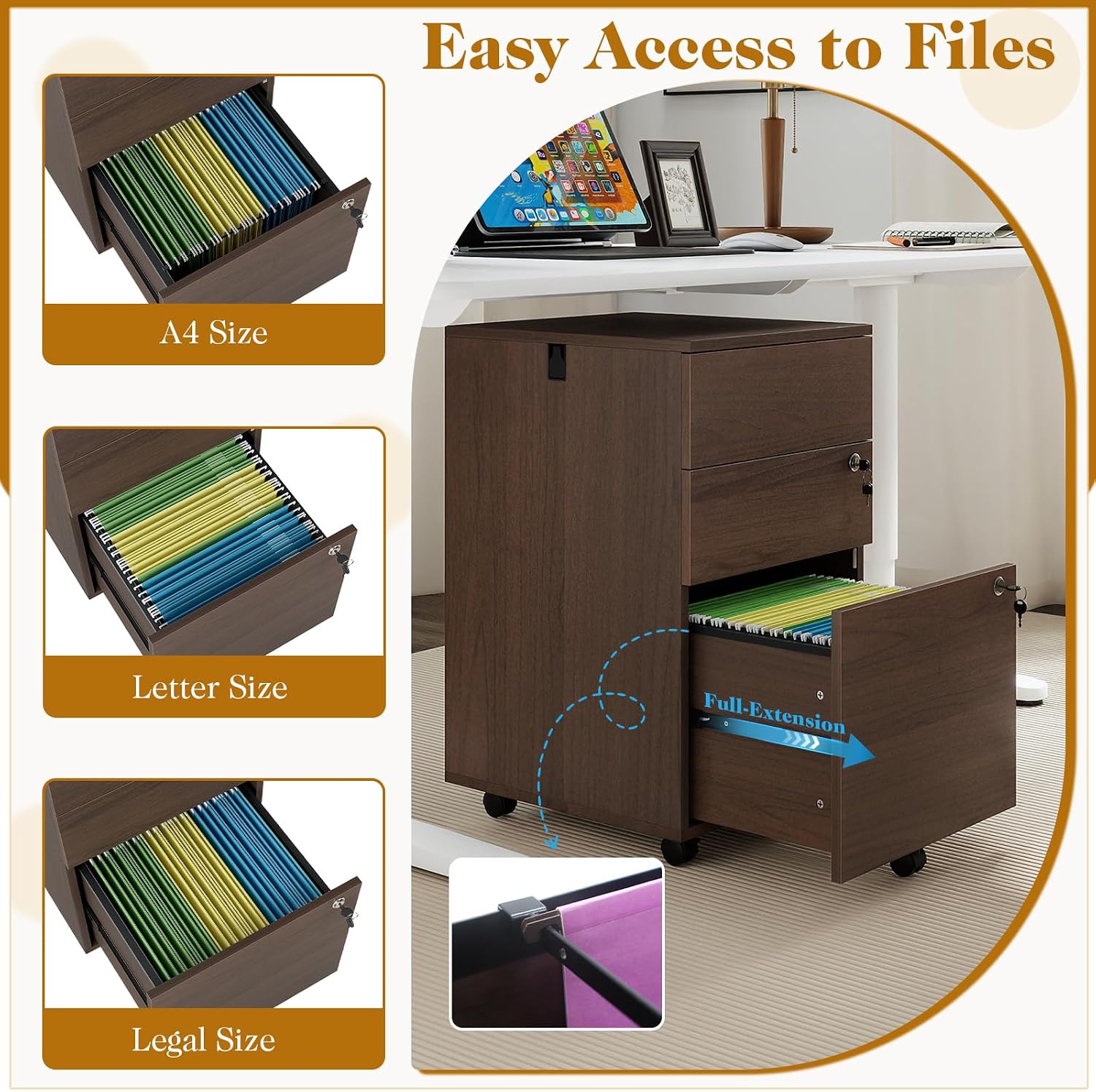 Mobile File Cabinet with 3 Drawers, Wooden Rolling Filing Cabinet with Lock, Under Desk File Organizer for A4/Letter/Legal Size, for Home Office, Study (White)