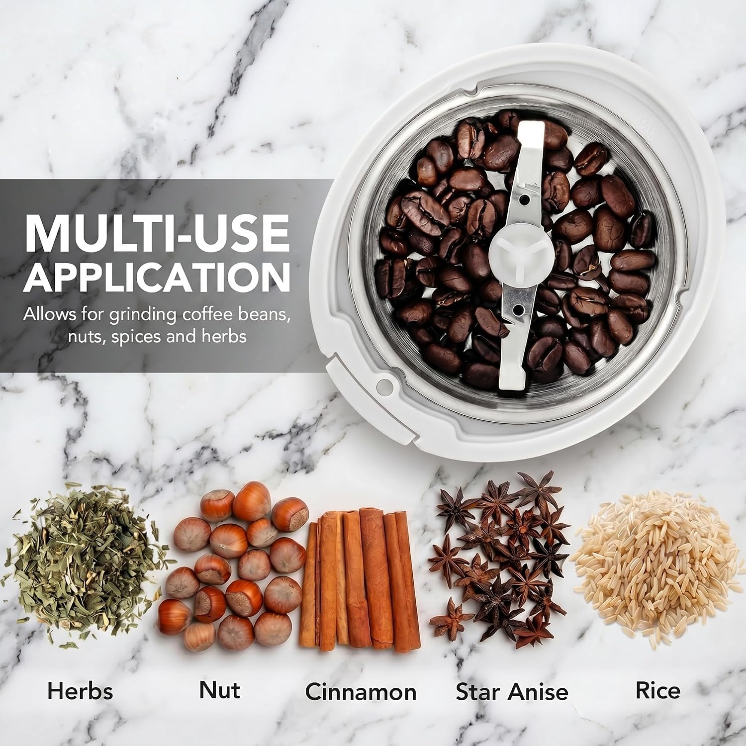 OVENTE Electric Coffee Grinder with One Touch Push-Button, White CG225W | 2.5oz Capacity, 150W Motor, Stainless Steel Blades for Uniform Grinding of Beans, Spices, Herb, Nuts & More, Safety Lock Lid
