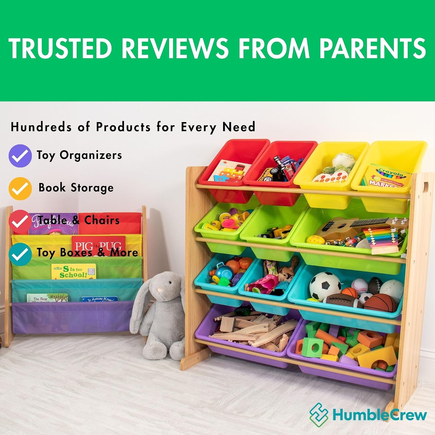 Humble Crew Kids Bookshelf, Montessori Front Facing Toddler Bookcase 4 Tier | Book display rack and reading nook organizer, nylon pockets show covers face out, compact for any playroom or bedroom space