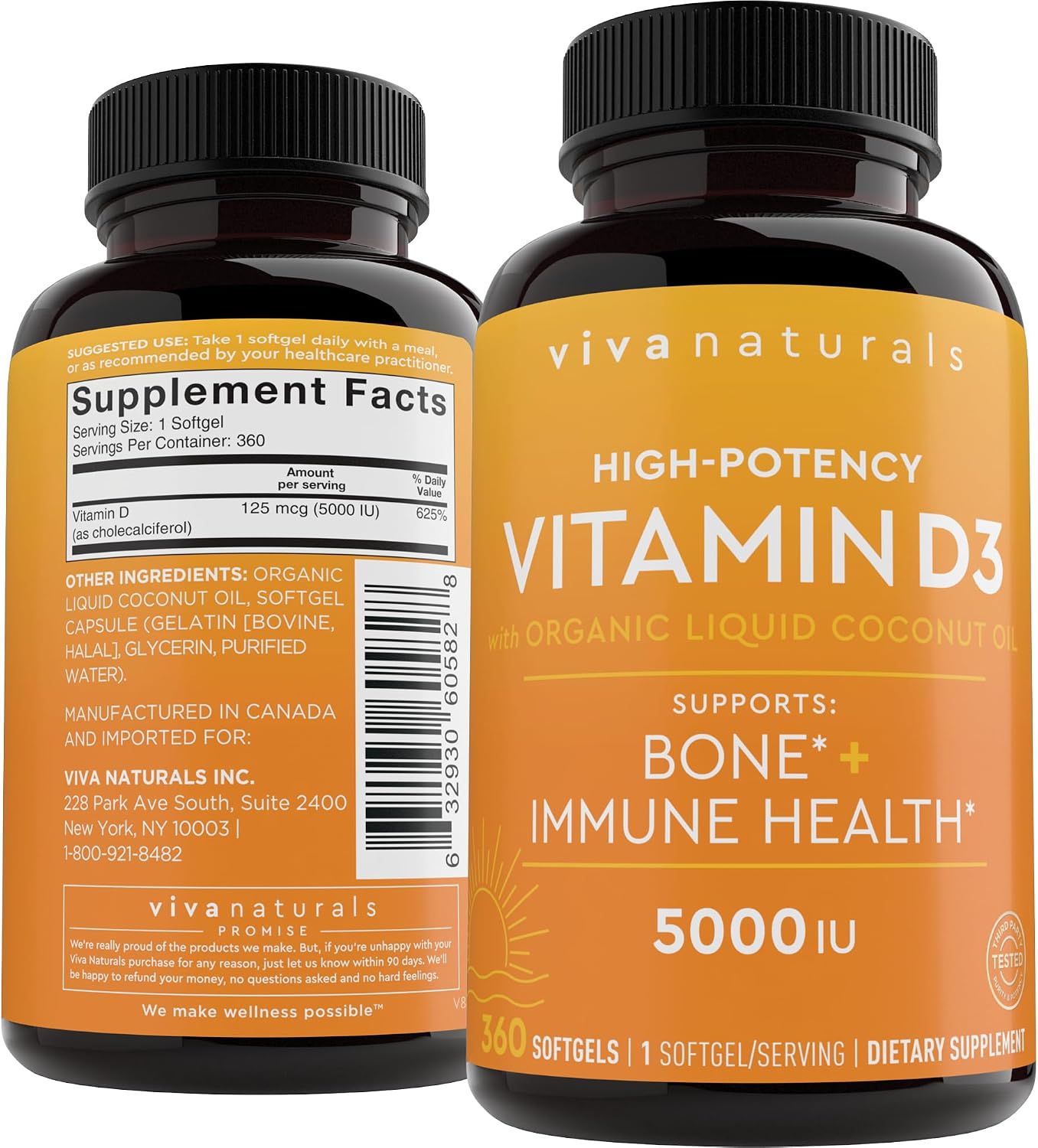 Viva Naturals Vitamin D3 5000 IU Softgels, 360 Count (125 mcg), Supports Bone & Immune Health, High Potency Vitamin D