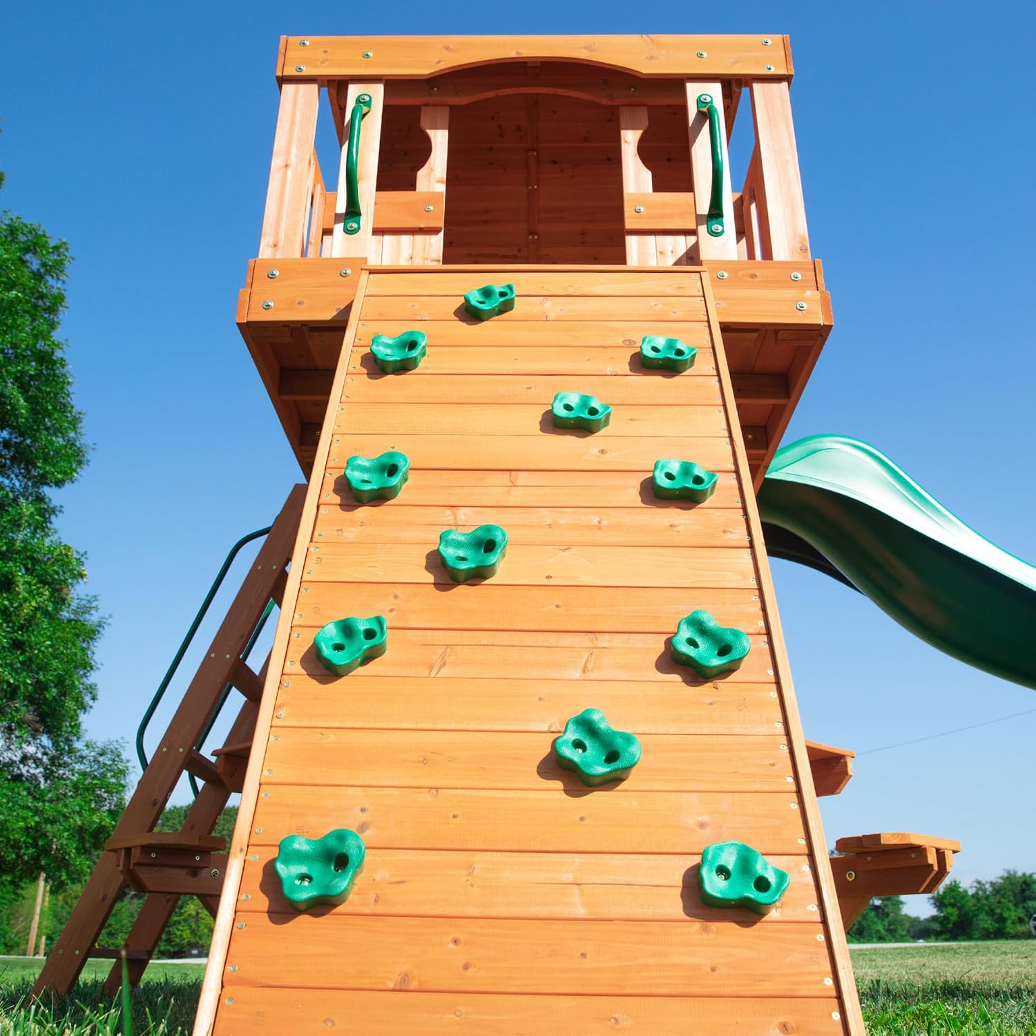 Backyard Discovery Woodland Cedar Wood Swing Set with Wave Slide, Clubhouse, Rock Wall, Snack Bar Station, Benches, Belt Swings, Trapeze, Half Door