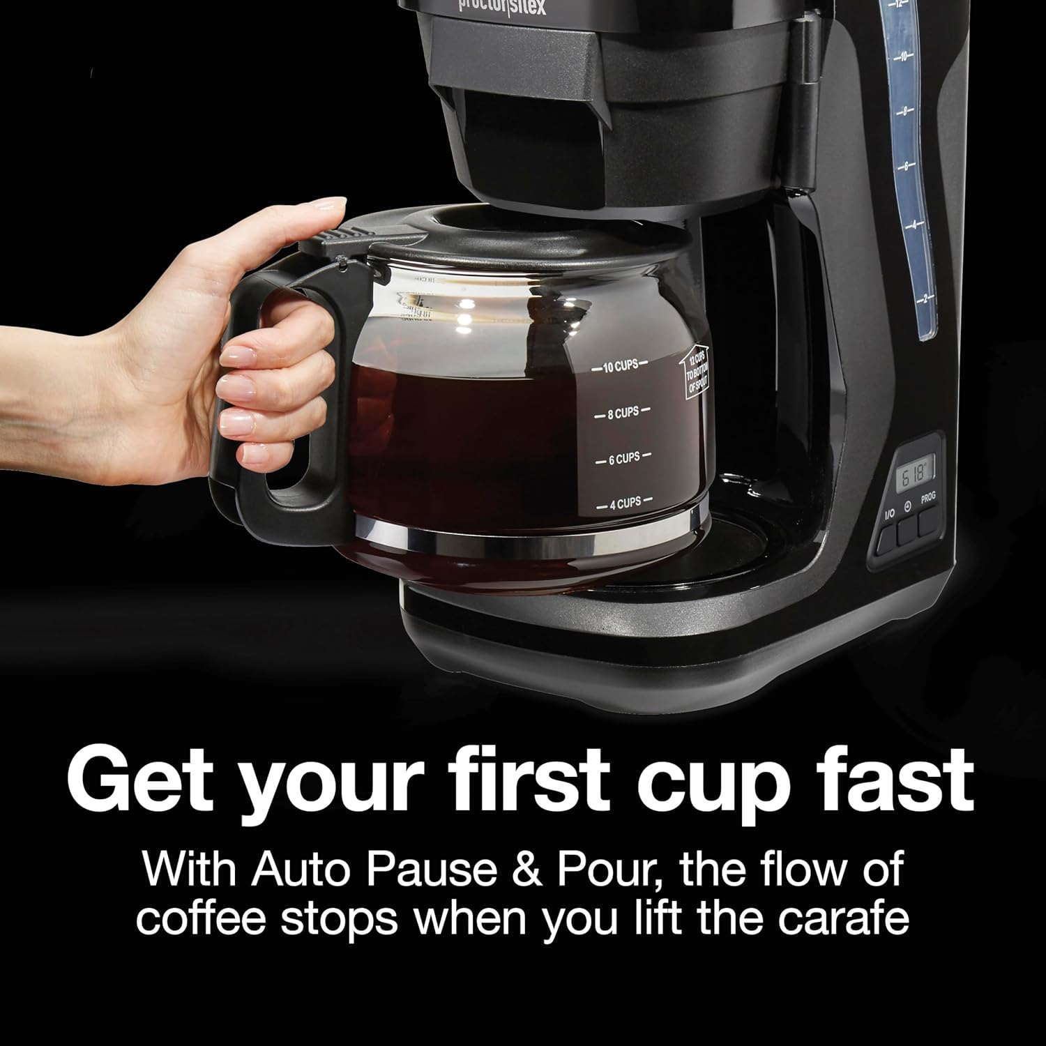 Proctor Silex Digital & Programmable FrontFill 12 Cup Drip Coffee Maker | Glass Carafe | Compact | Auto Shutoff | Black & Silver | 43685PS