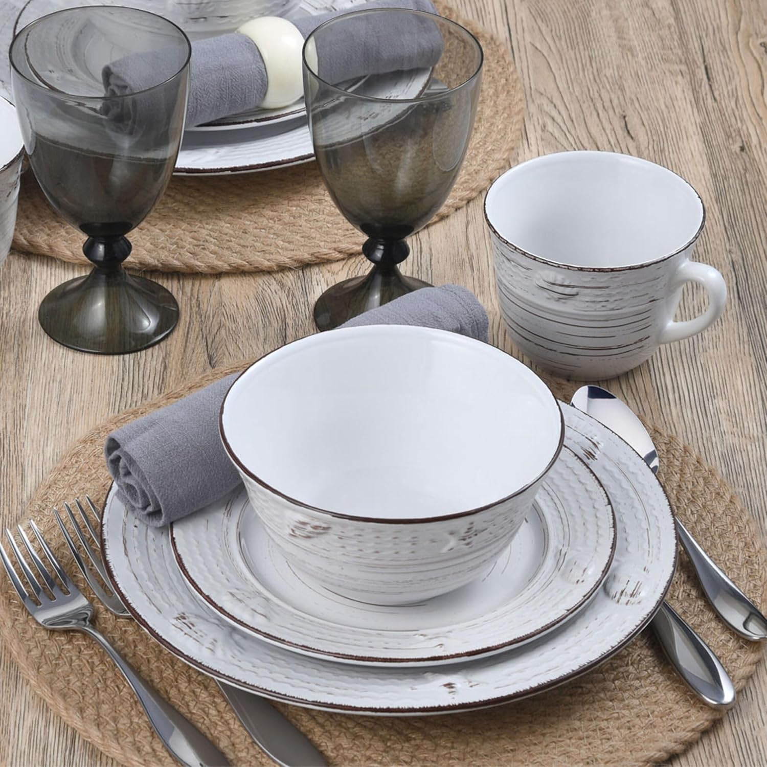 Pfaltzgraff Trellis White 16-Piece Stoneware Dinnerware Set, Service for 4, Distressed White Finish, Microwave & Dishwasher Safe Plates and Bowls