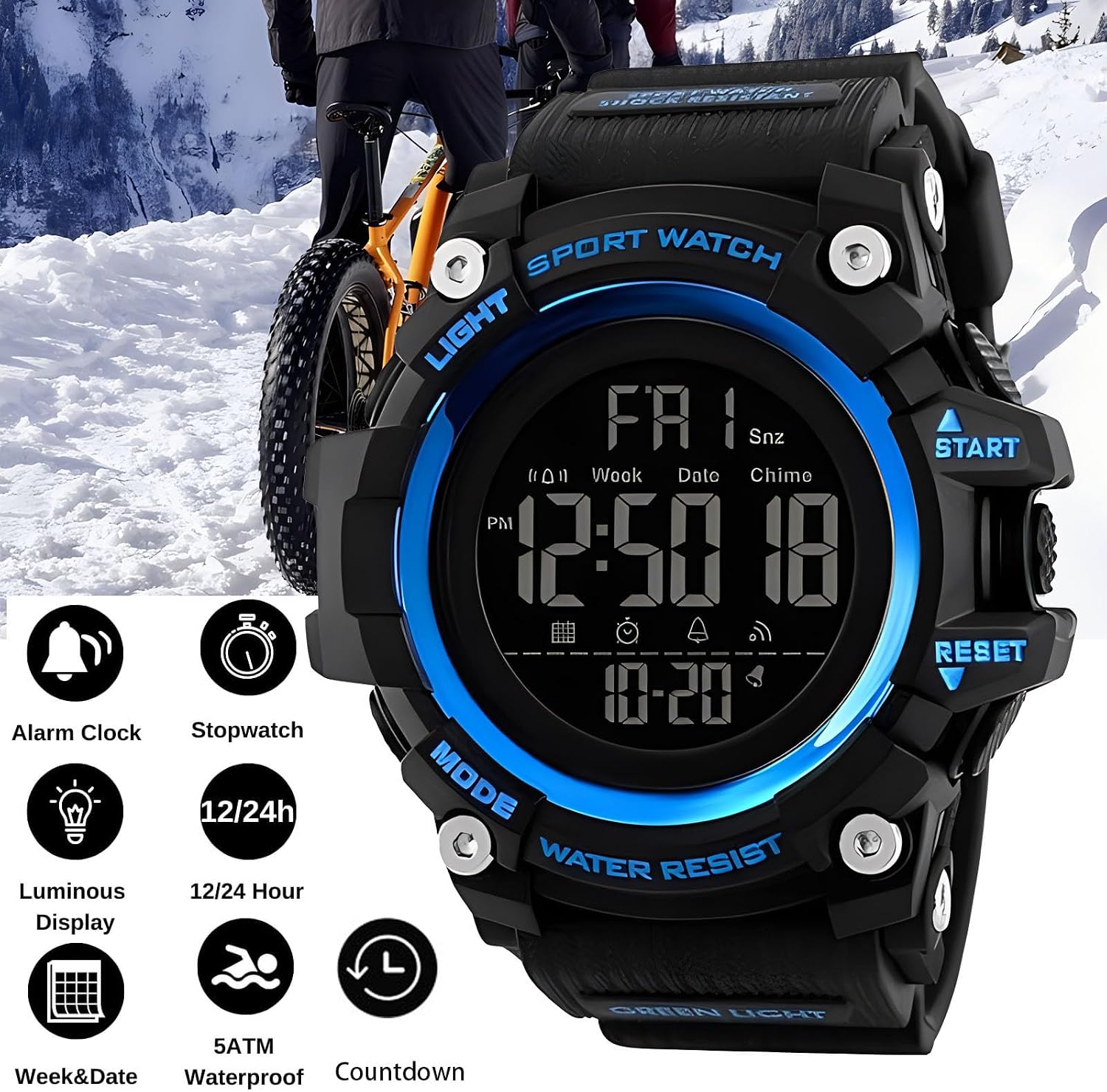 Gosasa Men Sport Watch Countdown Stopwatch Watch Mens Wrist Watch Waterproof LED Electronic Digital Male Watch 12/24 Hour Multifunctional Watch