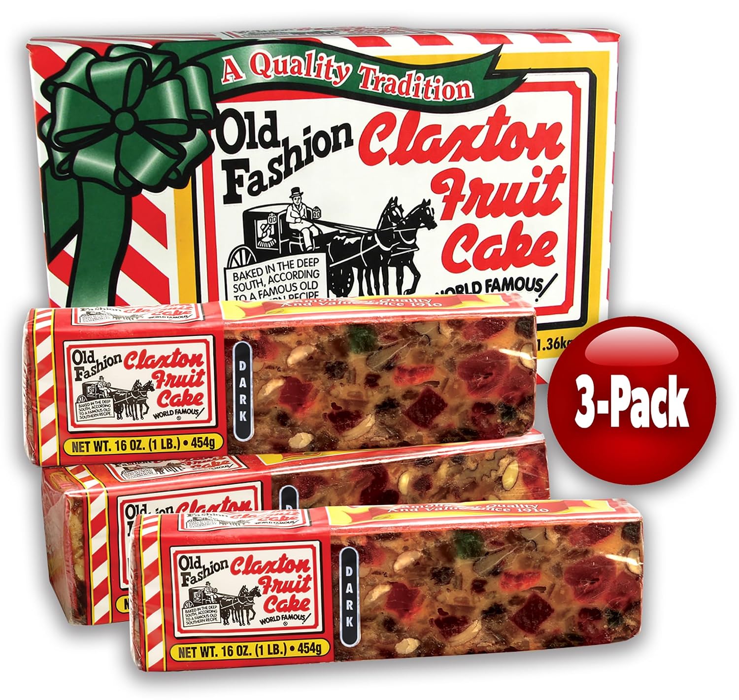 Claxton Fruit Cake – 5-1 lb Regular Recipe Loaves | Individually Wrapped | Packaged in Signature Red-and-White Gift Carton | Old-Fashioned Holiday Fruitcake Since 1910 | 5 Pack