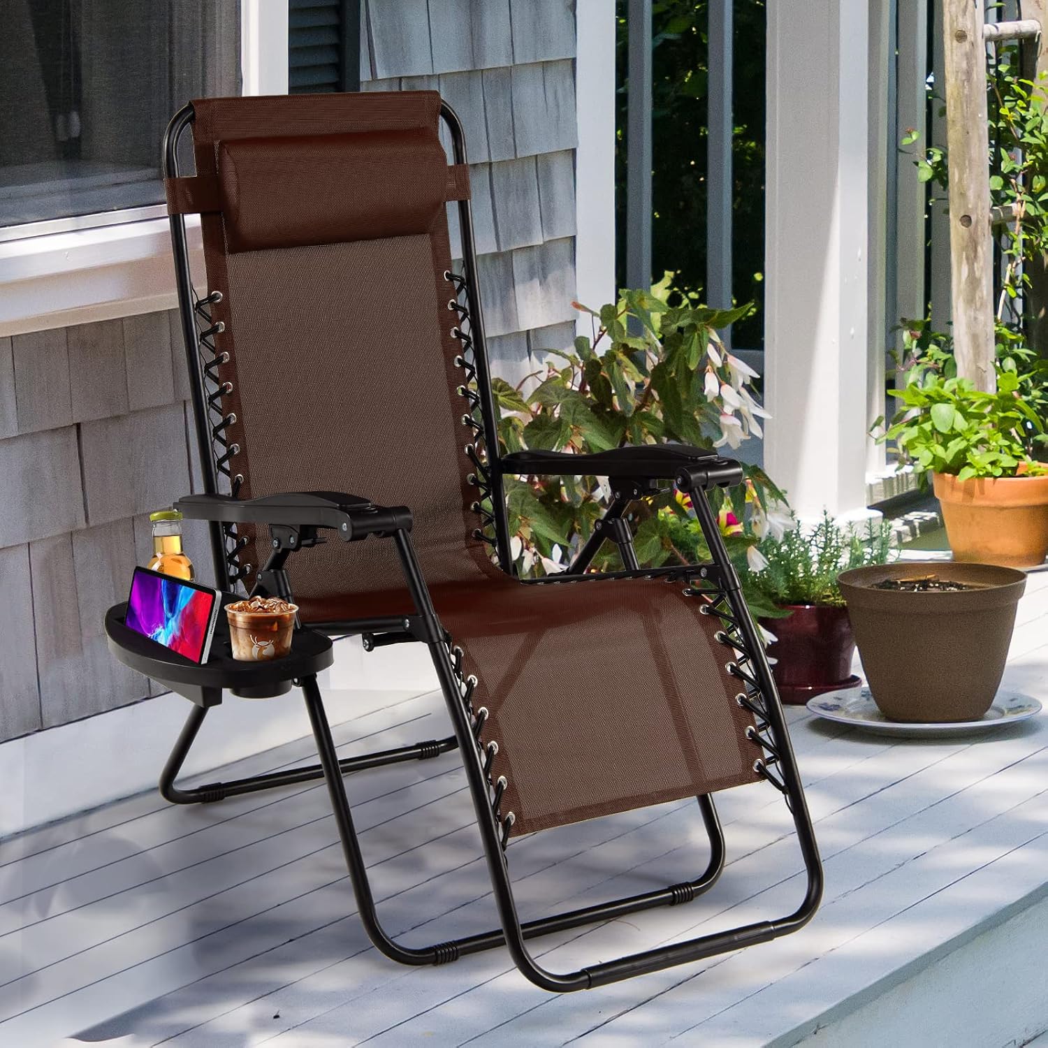 Goplus Zero Gravity Lounge Chairs, 160°Adjustable Folding Recliner w/Pillow and Cup Holder, 350LBS Comfy Outdoor Lounge Chairs for Patio, Lawn, Yard & Camp(1, Gray)