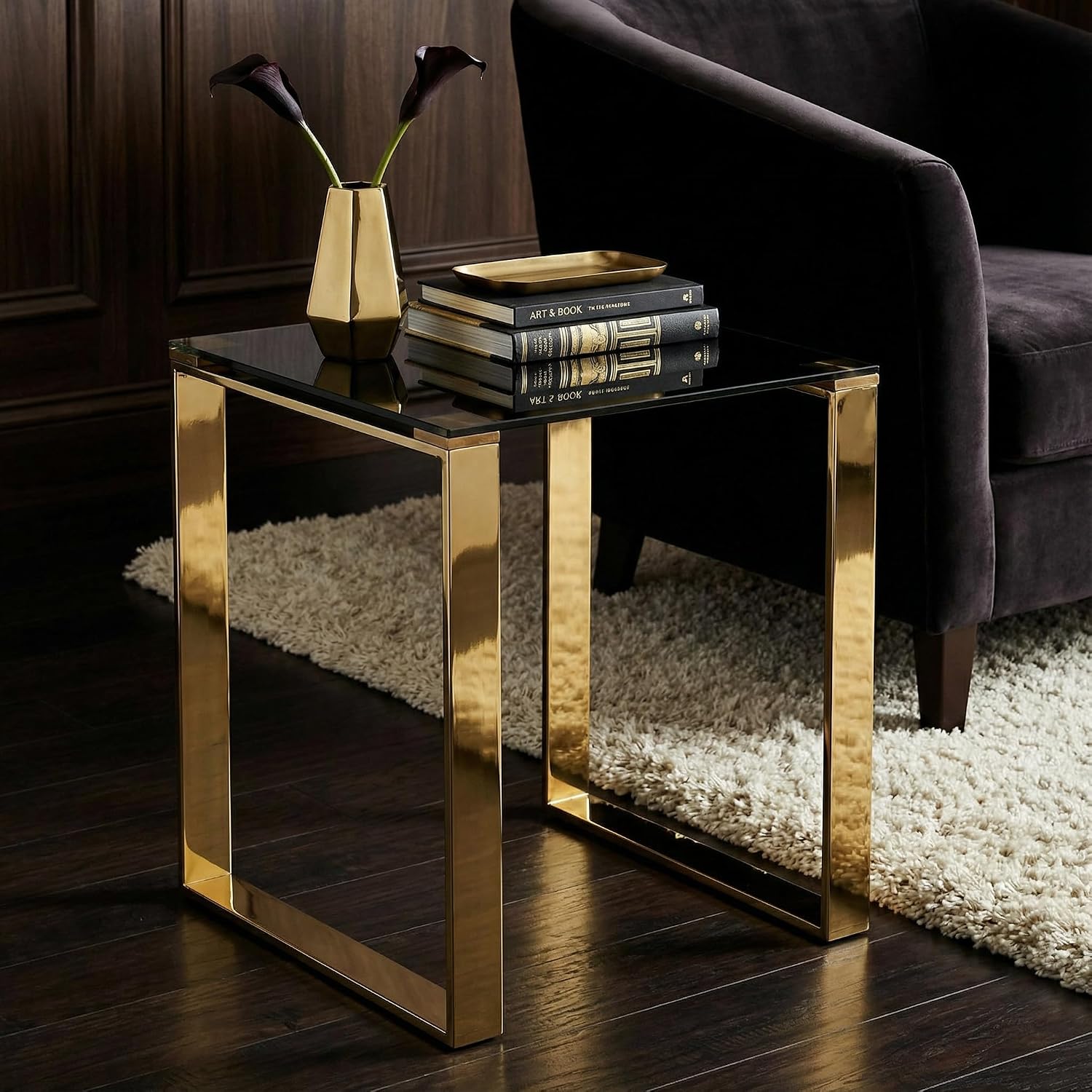 Cortesi Home CH-ET636045 Remini End Table, Gold Metal and Black Glass, End Table 18"