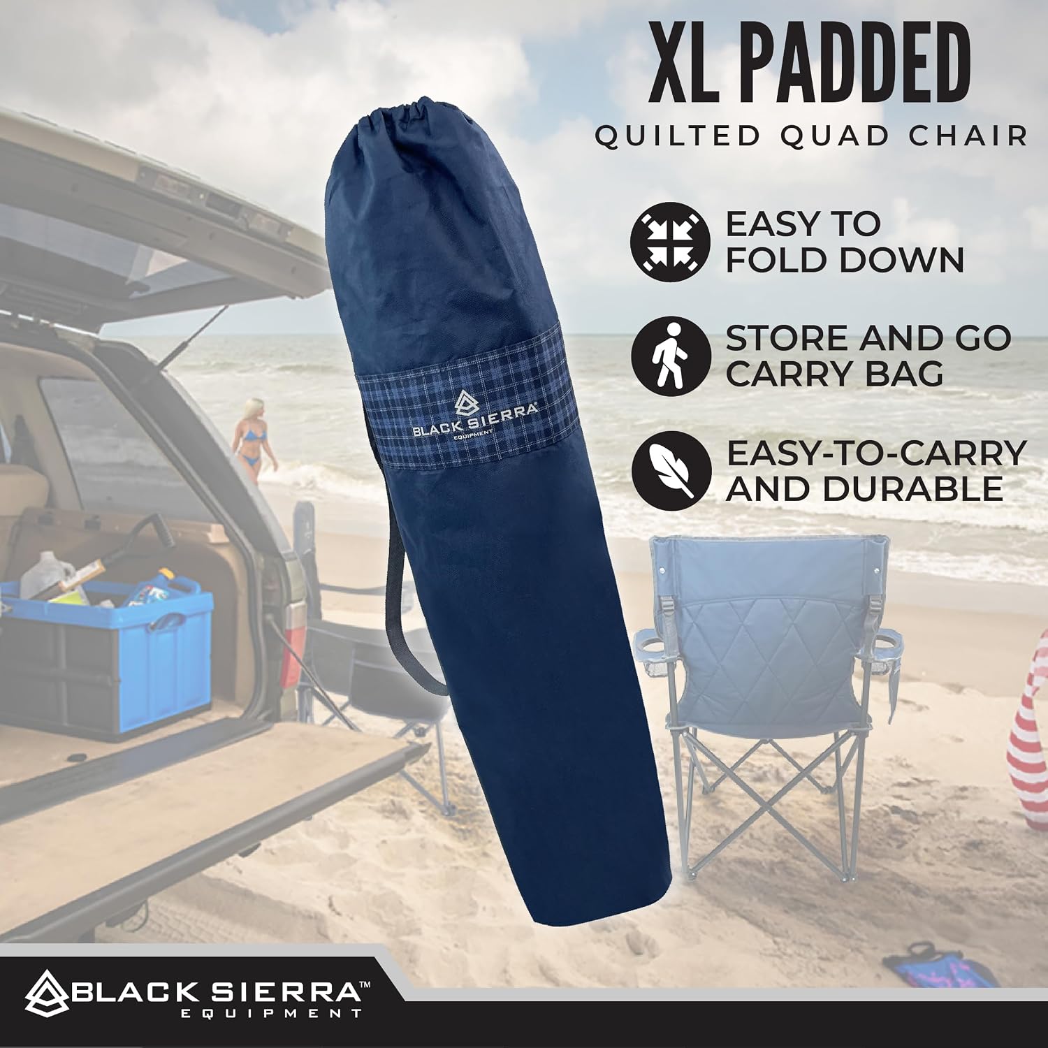 Black Sierra Quilted Padded Camping Chair, Oversized Heavy Duty Outdoor Lounge Seat Supports 300 lbs, Portable, Folding with Cup Holder for Beach, Tailgating, Sports, Patio