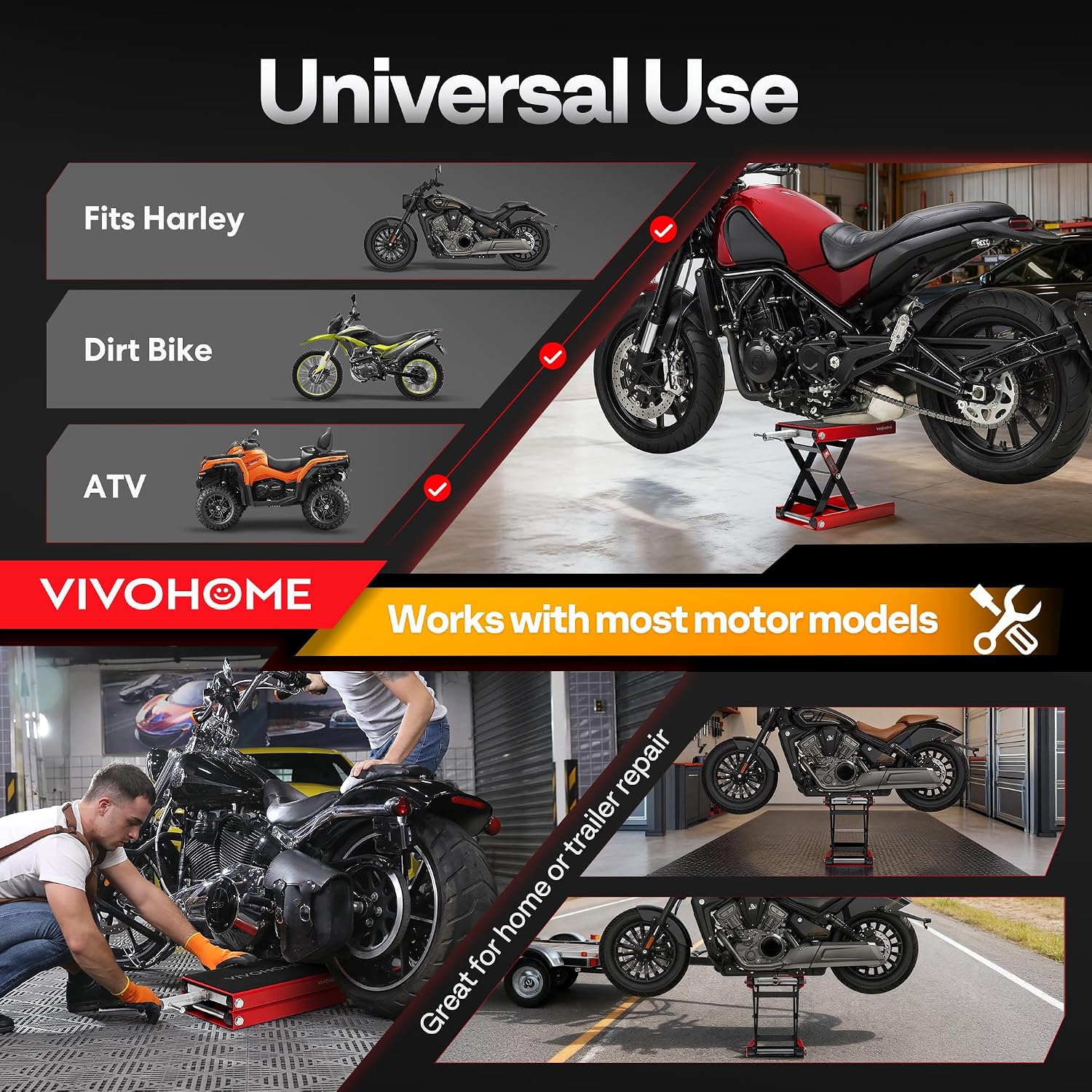 VIVOHOME 1100 LBS Motorcycle Lift Scissor Jack, Wide Deck Hoist Stand, Red | Height Adjustable Center Stand with Crank, Steel Lift for Cruiser, Dirt Bike, ATV