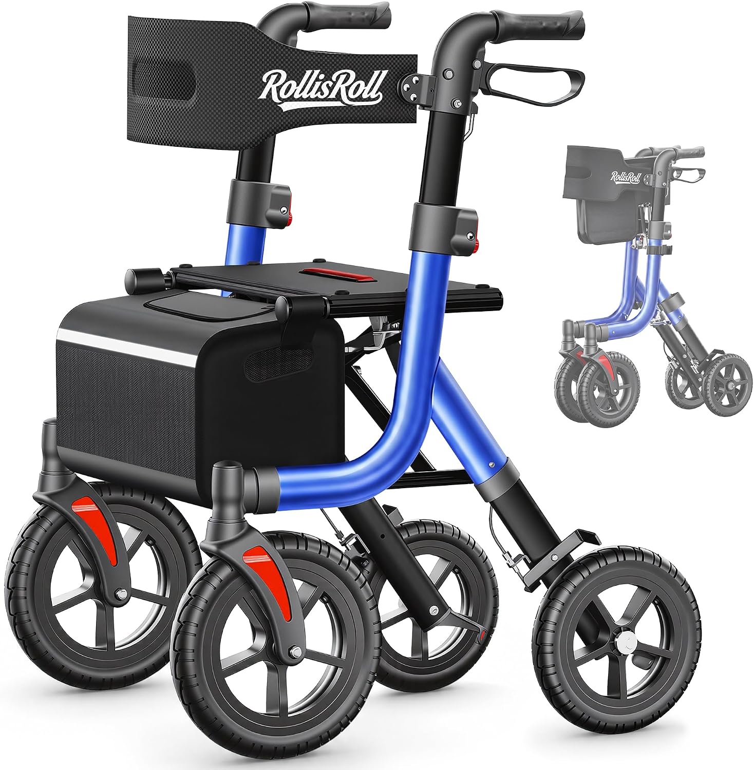 Walkers for Seniors, Rollator Walker with Seat, 10" Big Rubber Wheels All Terrain Rolling Walker, Lightweight Foldable Rollator Walker, Built-in Cable, Reinforced Aluminum Frame, Orange