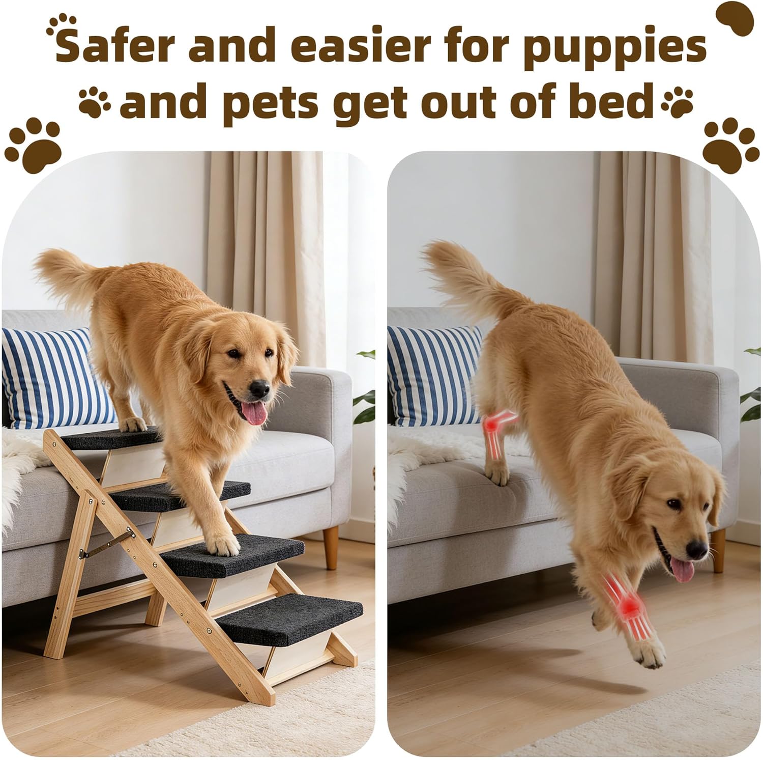 MEWANG Wood Pet Stairs & Ramp for Small/Medium Dogs & Cats, Aging Pets – 2-in-1 Foldable, Portable, Non-Slip Pet Ladder for Tall Beds, Couches
