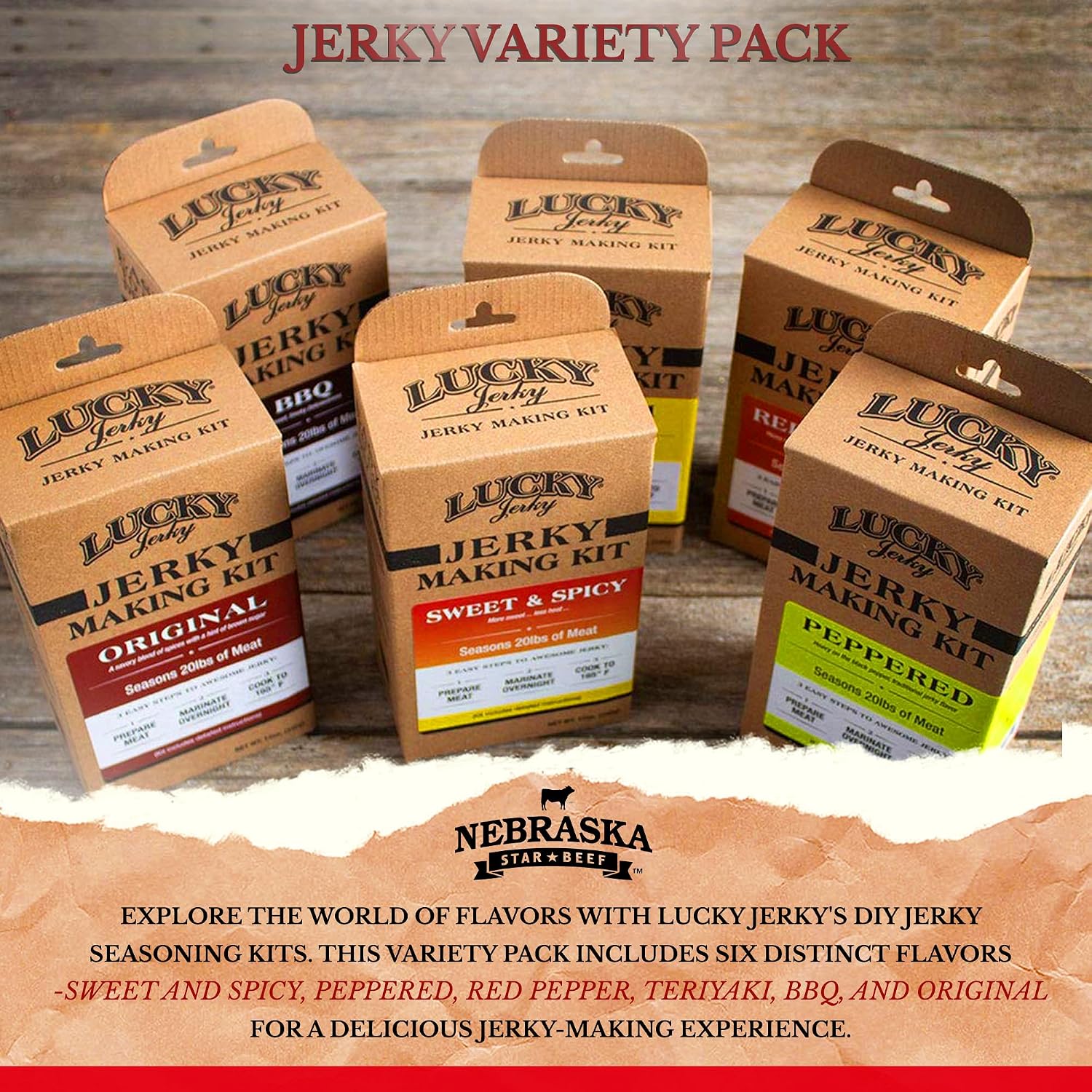 Lucky Jerky Ultimate Savory DIY Beef Jerky Seasoning and Cure Kit, 12 Oz | Make Your Own with Original, BBQ, Teriyaki, and Sweet & Spicy, Seasons 5 lbs per Flavor, 20 lbs Total