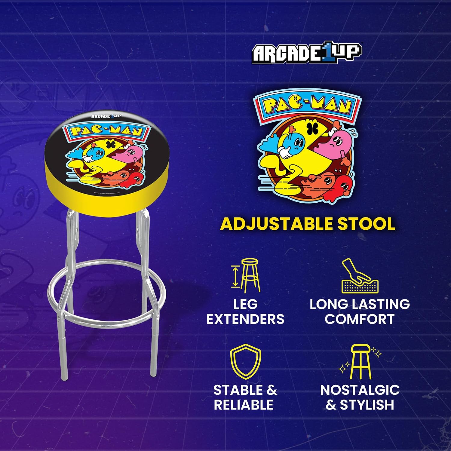 Arcade1Up Adjustable Padded Arcade Game Stool, Steel Frame, Pac-Man, 21.5" to 29.5"- with Leg Extenders, Padded Seat, and Chrome Steel Finish for Home