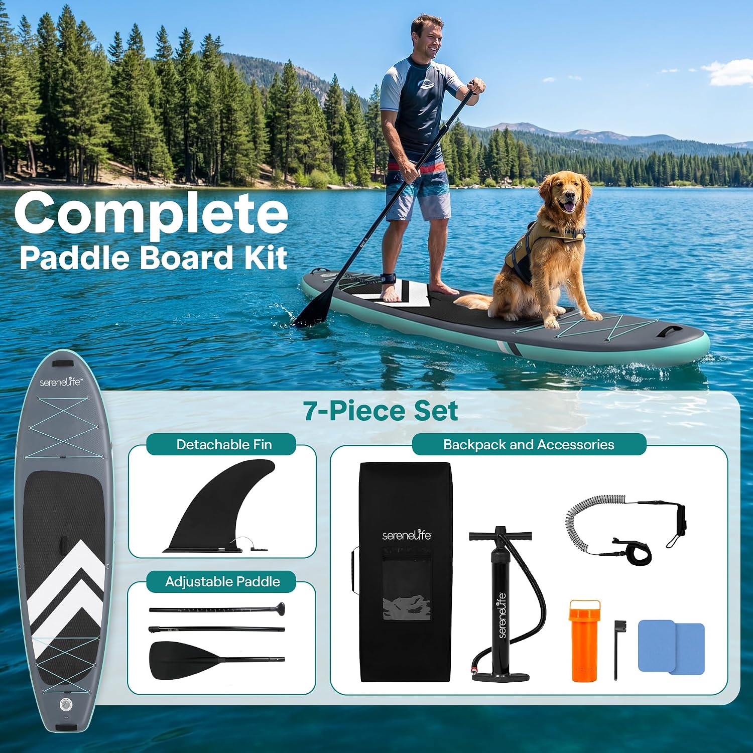 SereneLife 10’ Inflatable Stand Up Paddle Board with Premium SUP Accessories - Wide Stable Design with Non-Slip EVA Deck Pad, for Youth and Adults, 350 lbs. Capacity