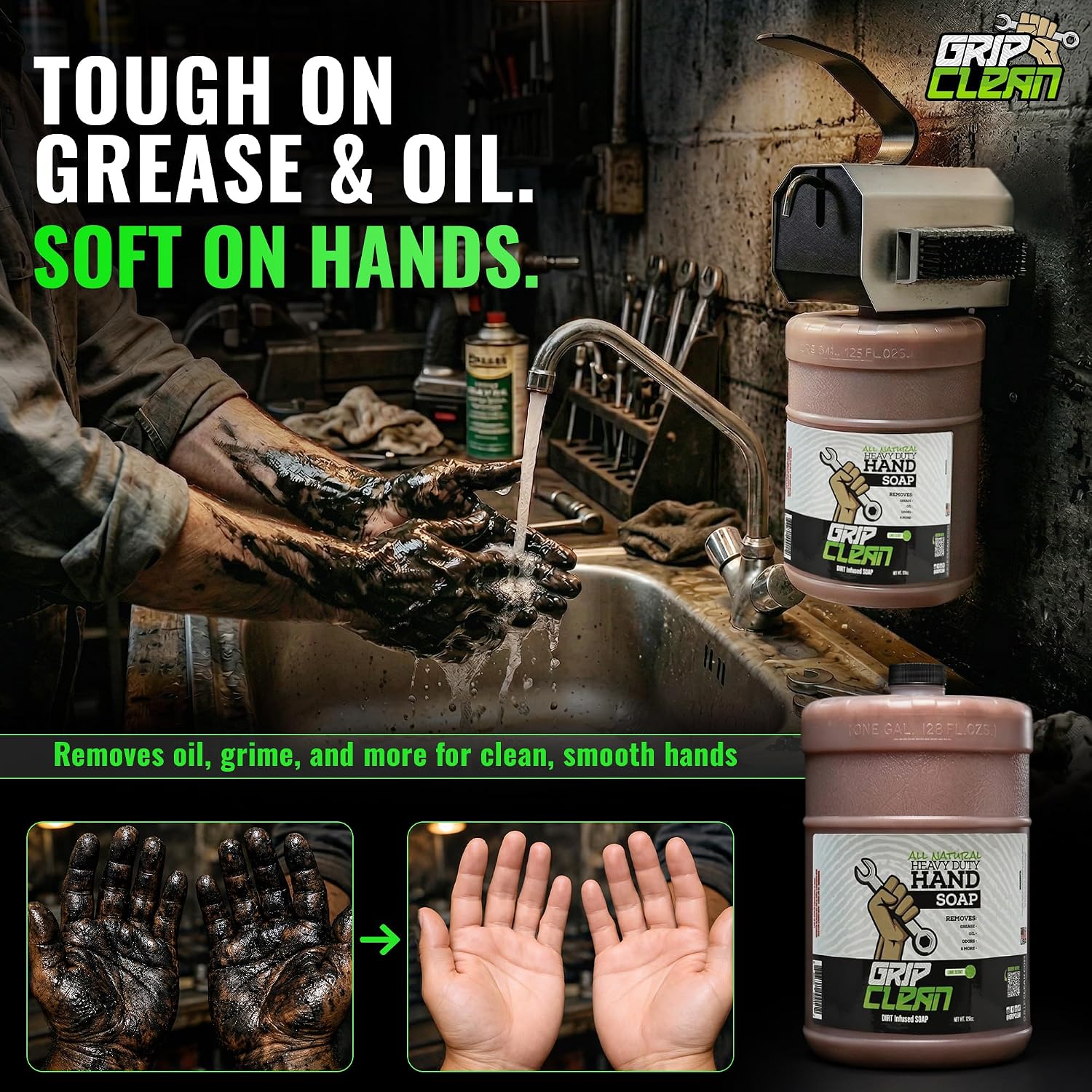 Grip Clean Heavy Duty Hand Cleaner For Mechanics, Natural Pumice, 64 Oz | Clay Infused, Grease, Oil, Grime Remover, Moisturizing Coconut Olive Oils, Lime Scent, For Shop, Garage, Industrial Use