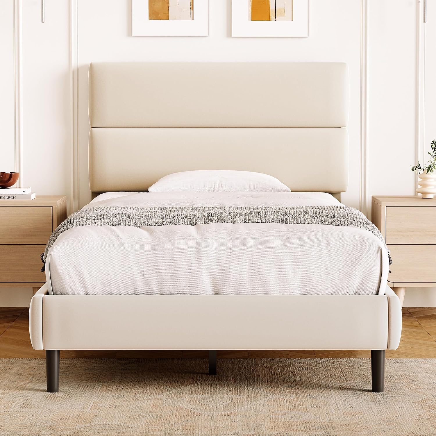 GRUSIGN Queen Size Platform Bed Frame with Velvet Headboard, Adjustable Height Wooden Slats Support, Upholstered Mattress Foundation, Fits Mattress or Mattress with Box Spring, Easy Assembly, Beige
