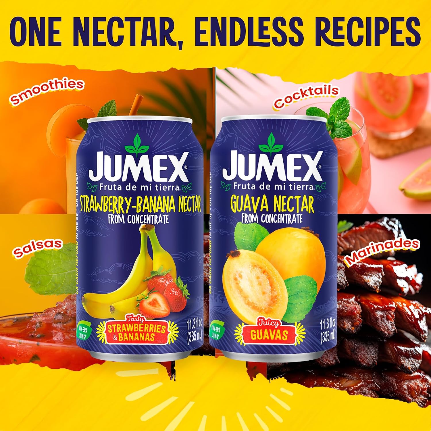 Jumex Mango Nectar Juice & Peach Nectar - Made with Fresh Fruit Puree - Tropical Fruit Juice Concentrate for Smoothie Mix, Cocktail Mixers & Kids Beverages - 11.3oz, 12 Pack Canned Drinks