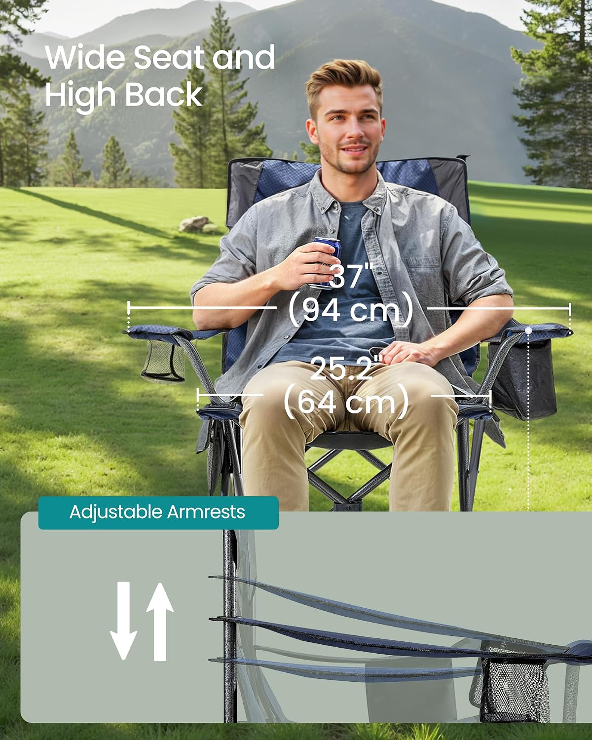 SONGMICS Camping Chair, Folding Oversized Chair, Comfortable and Heavy-Duty, 352 lb Weight Capacity, Adjustable Armrests with Cooler Bag, Storage Bag, Breathable Mesh, Bijou Blue UGCB060Q01