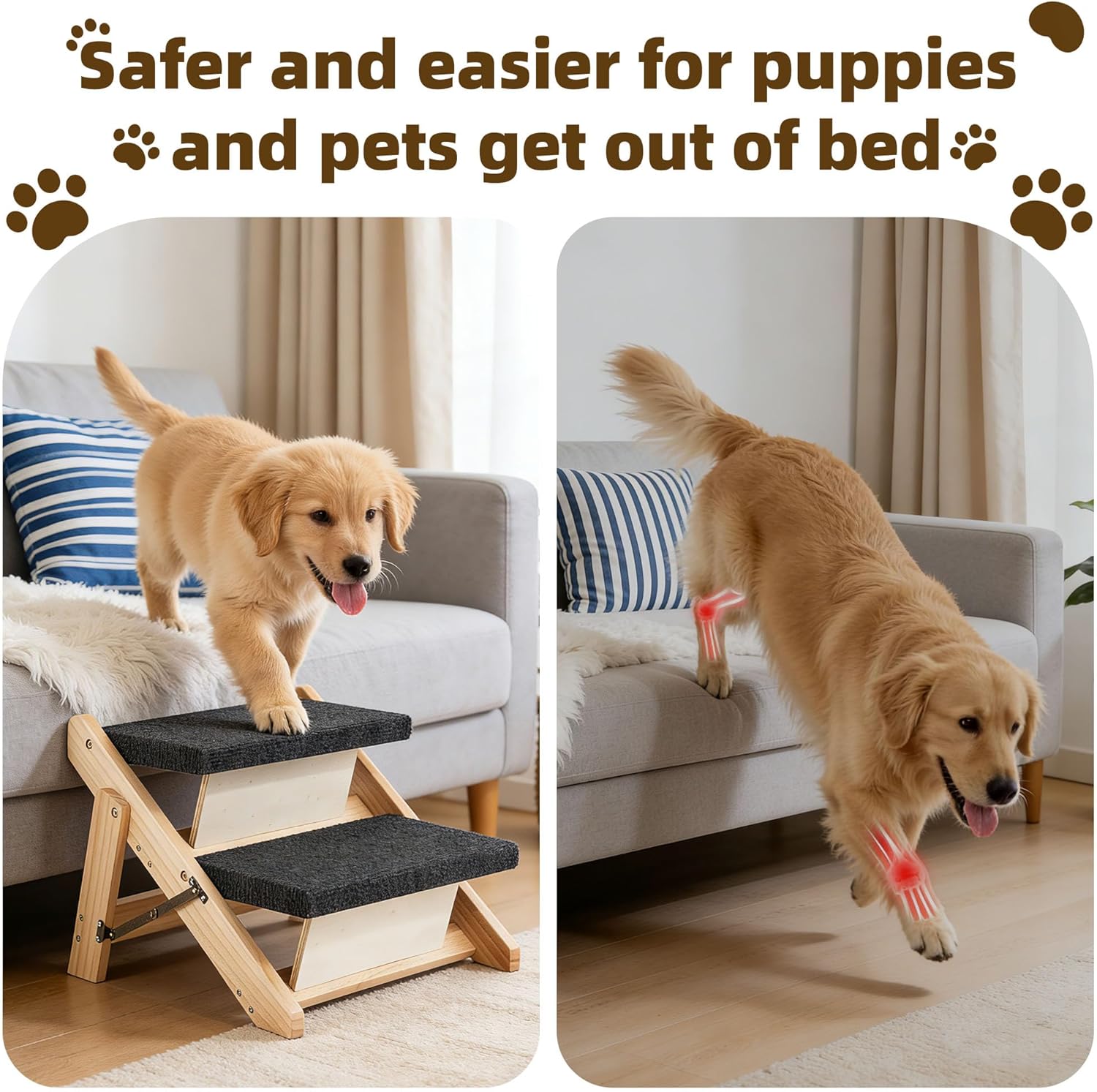 MEWANG Wood Pet Stairs & Ramp for Small/Medium Dogs & Cats, Aging Pets – 2-in-1 Foldable, Portable, Non-Slip Pet Ladder for Tall Beds, Couches