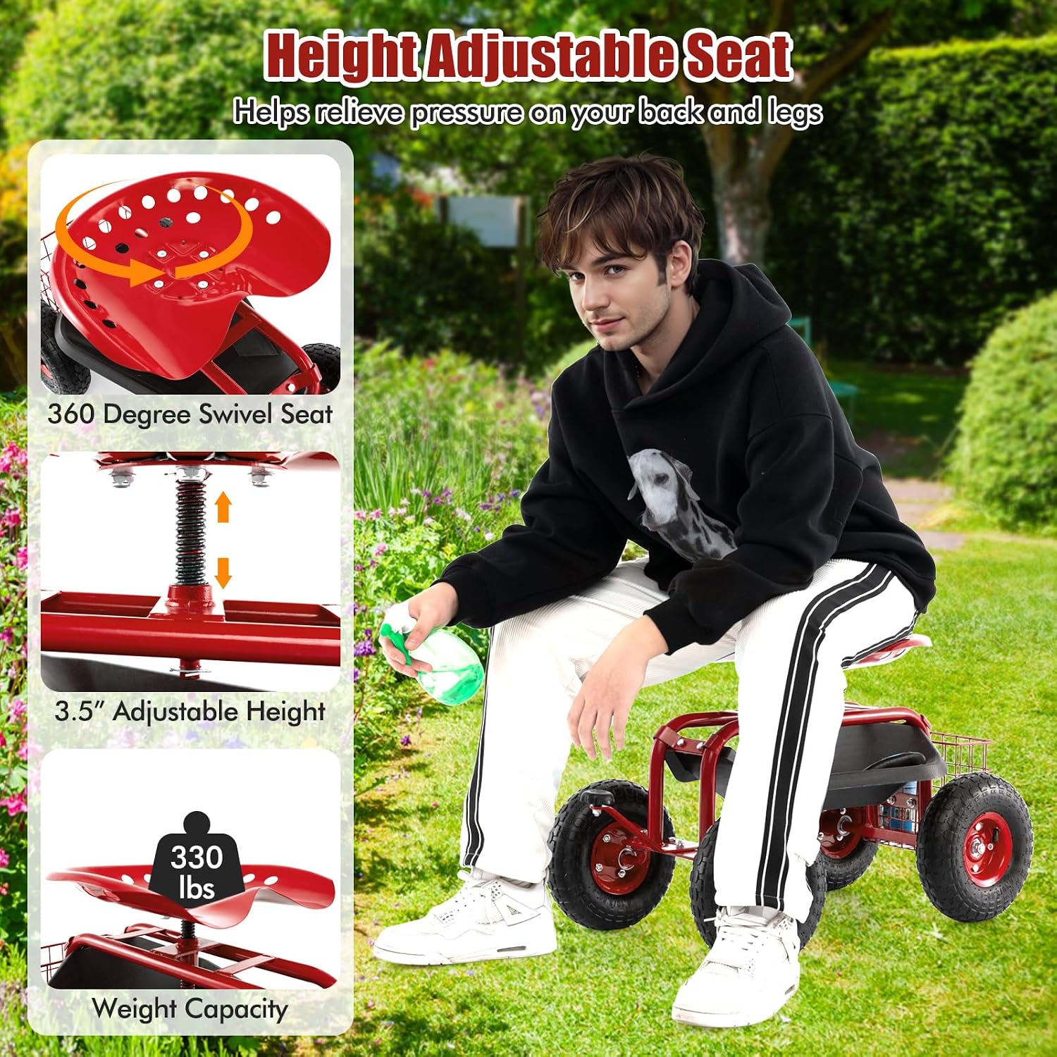 Goplus Rolling Garden Cart with Seat, Outdoor Garden Stool with Wheels, Tool Tray & Basket, Adjustable Steering Handle