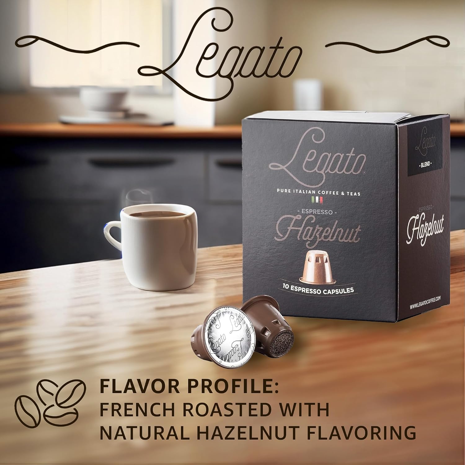 Legato Espresso Capsules - 10/100 count - Single-Serve Coffee Pods - Compatible with Nespresso OriginalLine Machine - Cafe-style Coffee at Home (100, Hazelnut Strength 5)