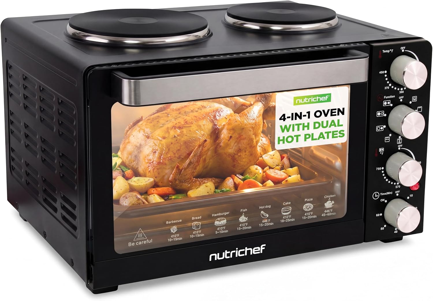 NutriChef 30 Quart Kitchen Convection Oven & 2 Burner Cooker - 1500 Watt Oven - 7 Cook Functions Rotisserie, Cook, Bake
