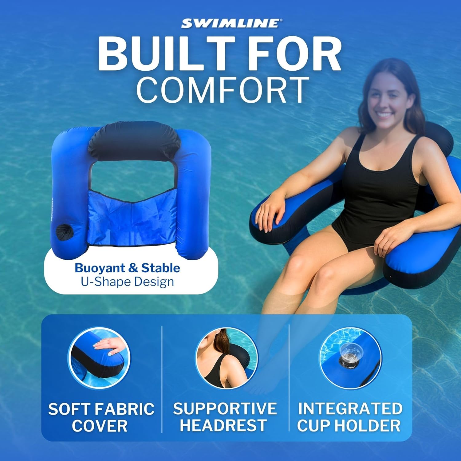 SWIMLINE Original Fabric Covered Inflatable Pool Lounger | with Comfortable Sling Seat, Back Rest, and Built in Cup Holder | for Pool, Beach, Lake, and More