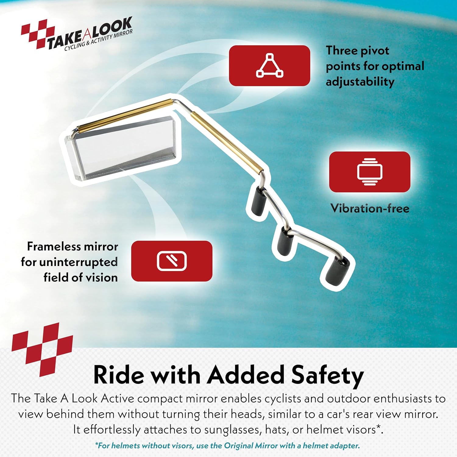 Cycling Compact Mirror for Helmet & Eyeglasses | Smaller profile. Same natural rear view. Your mirror follows your head movement, not your handlebars.