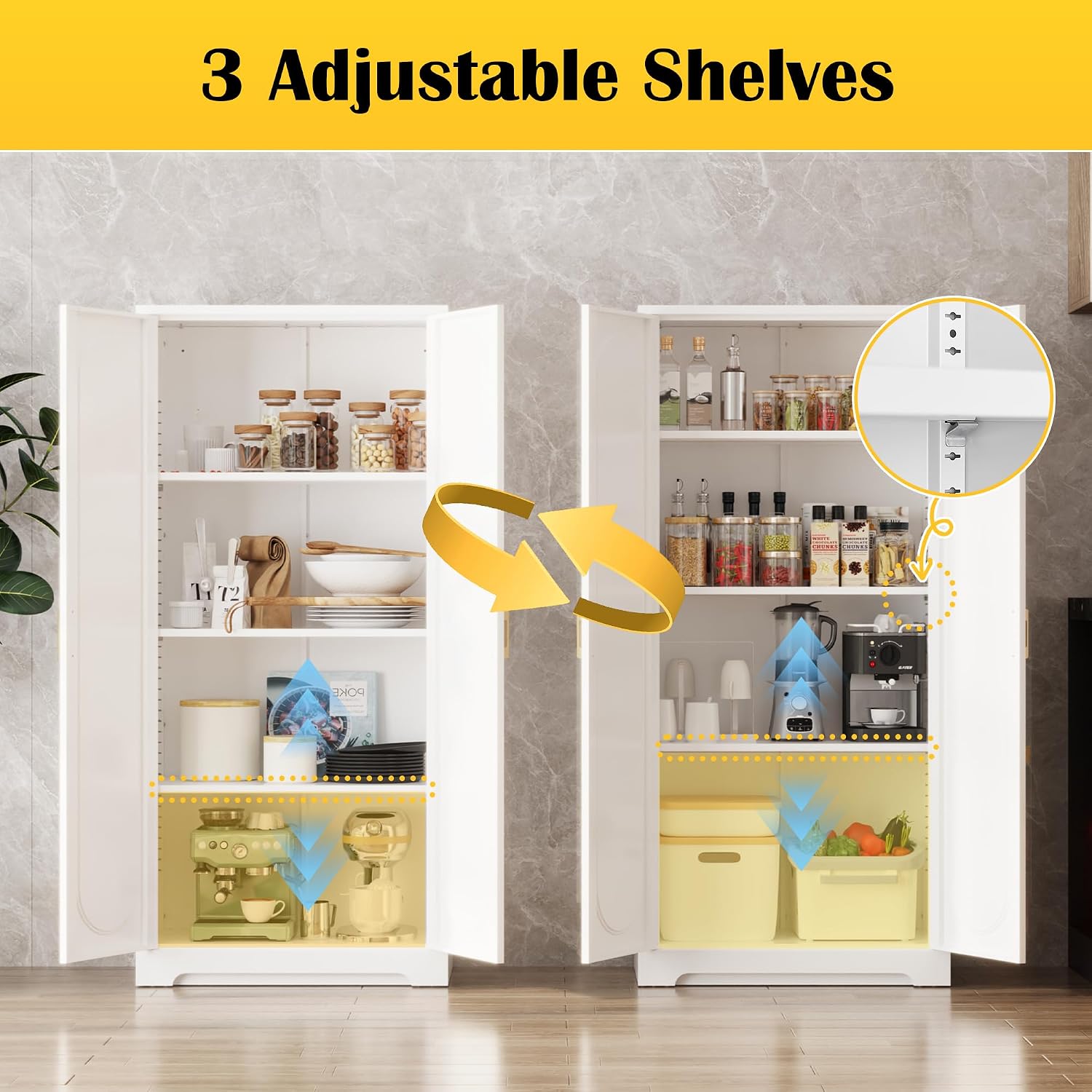 Steeloong 71"Metal Pantry Storage Cabinet with Doors & 4 Adjustable Shelves | Kitchen Pantry Cabinet,White Kitchen Cabinet with 2 Gold Handles,Tall Cabinet for Livingroom,Pantry, Bathroom,Kitchen